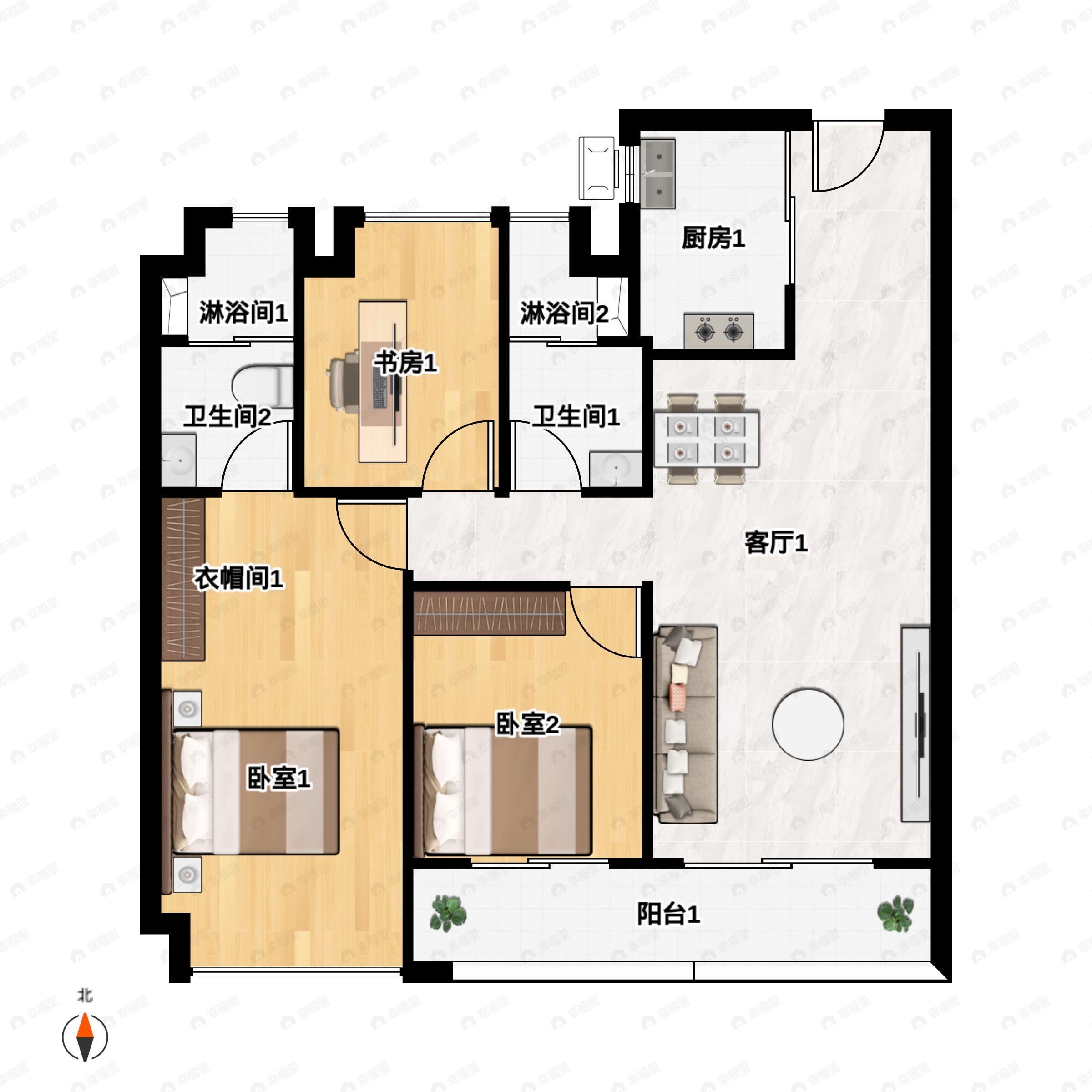 3室2厅2卫建面103平户型图