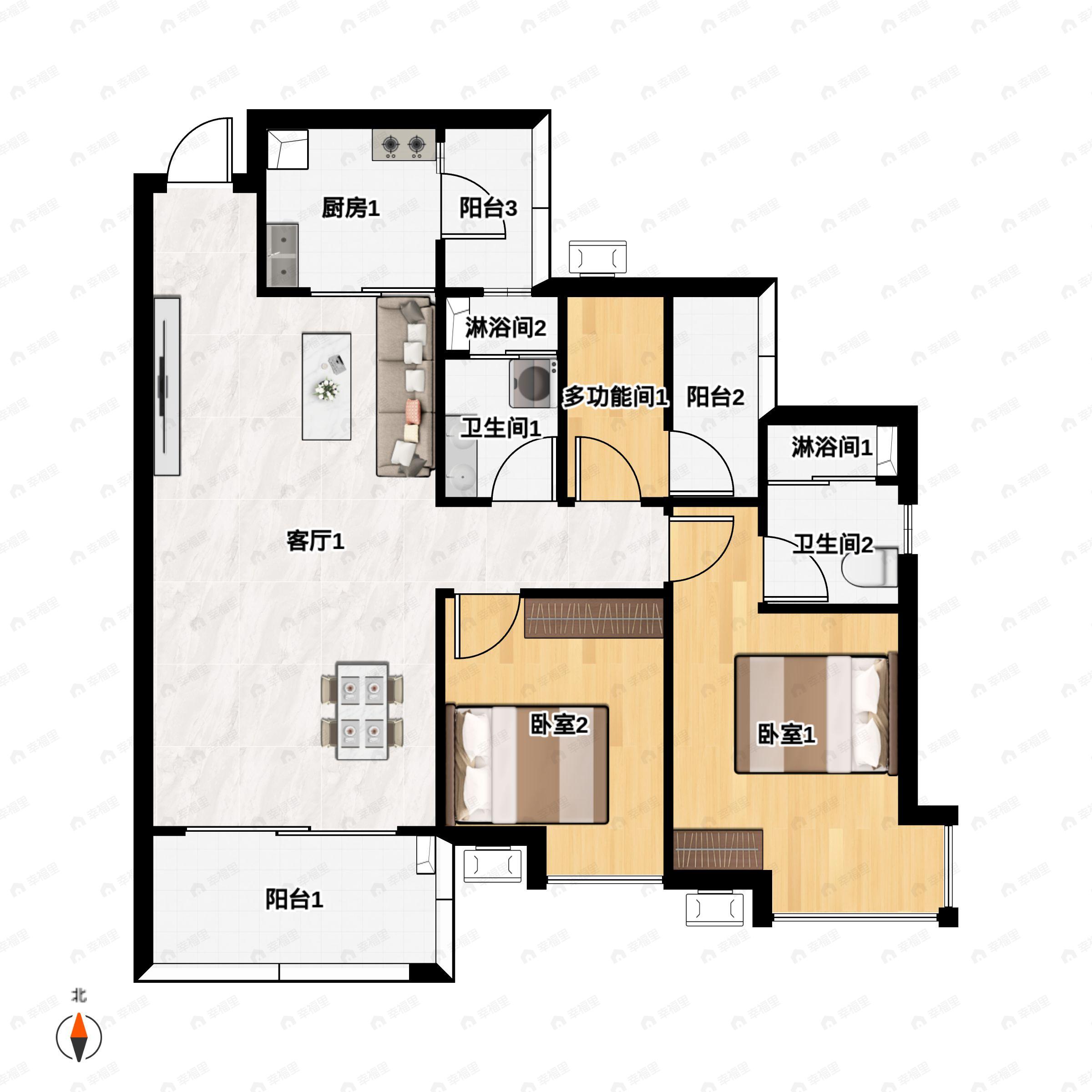 3室2厅2卫建面102平户型图