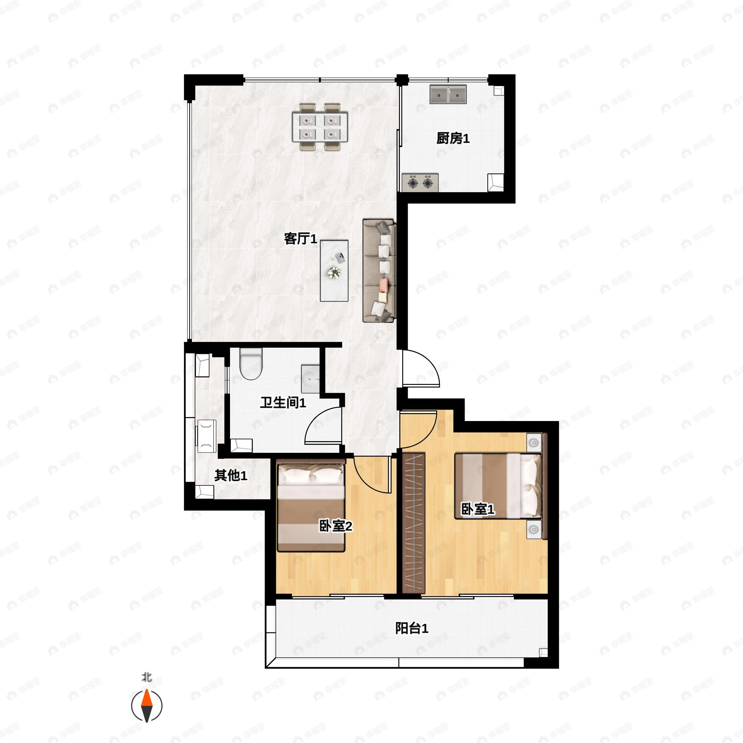 2室2厅1卫建面87m²南|北户型图