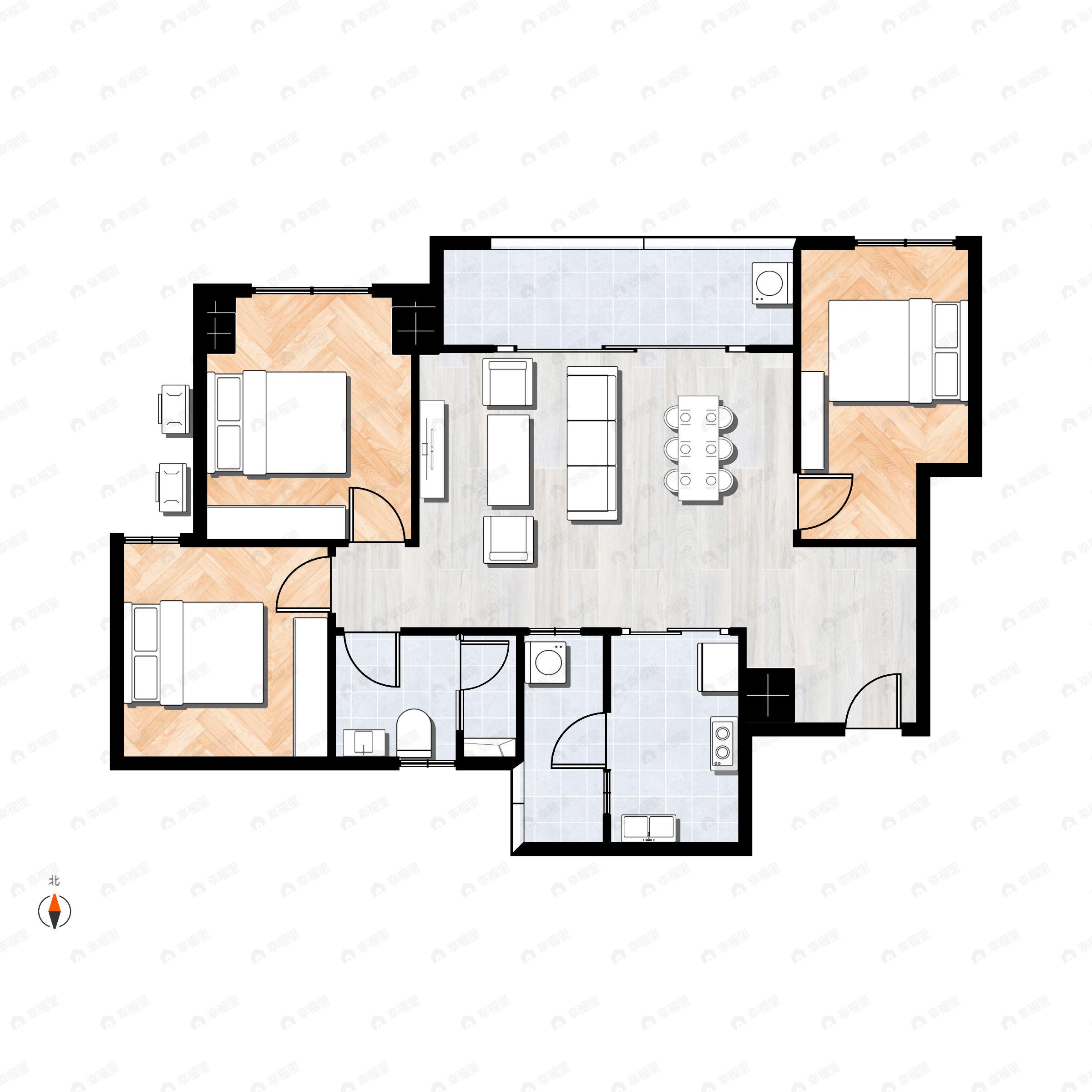 3室2厅1卫建面79m²西北|东南户型图