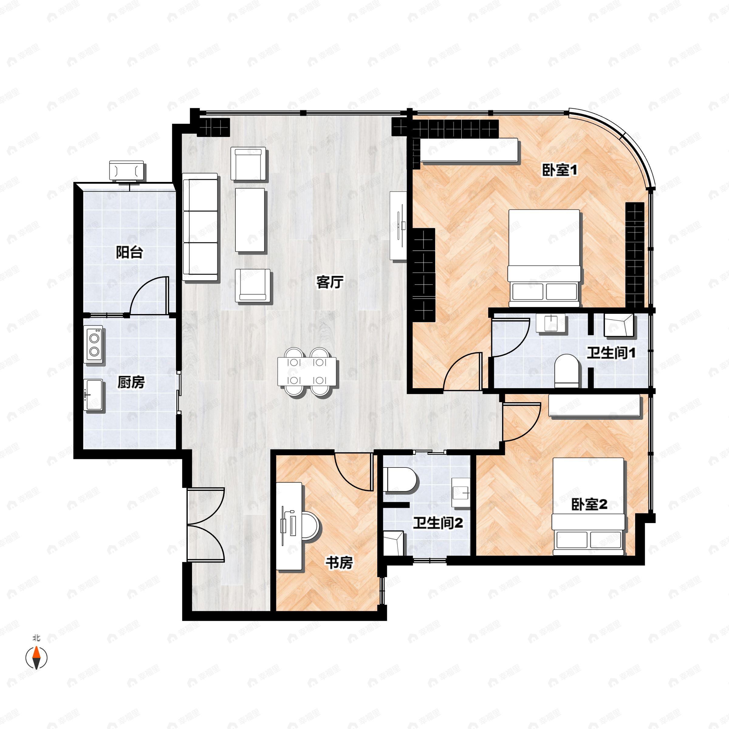 3室3厅3卫建面139平北|西北户型图