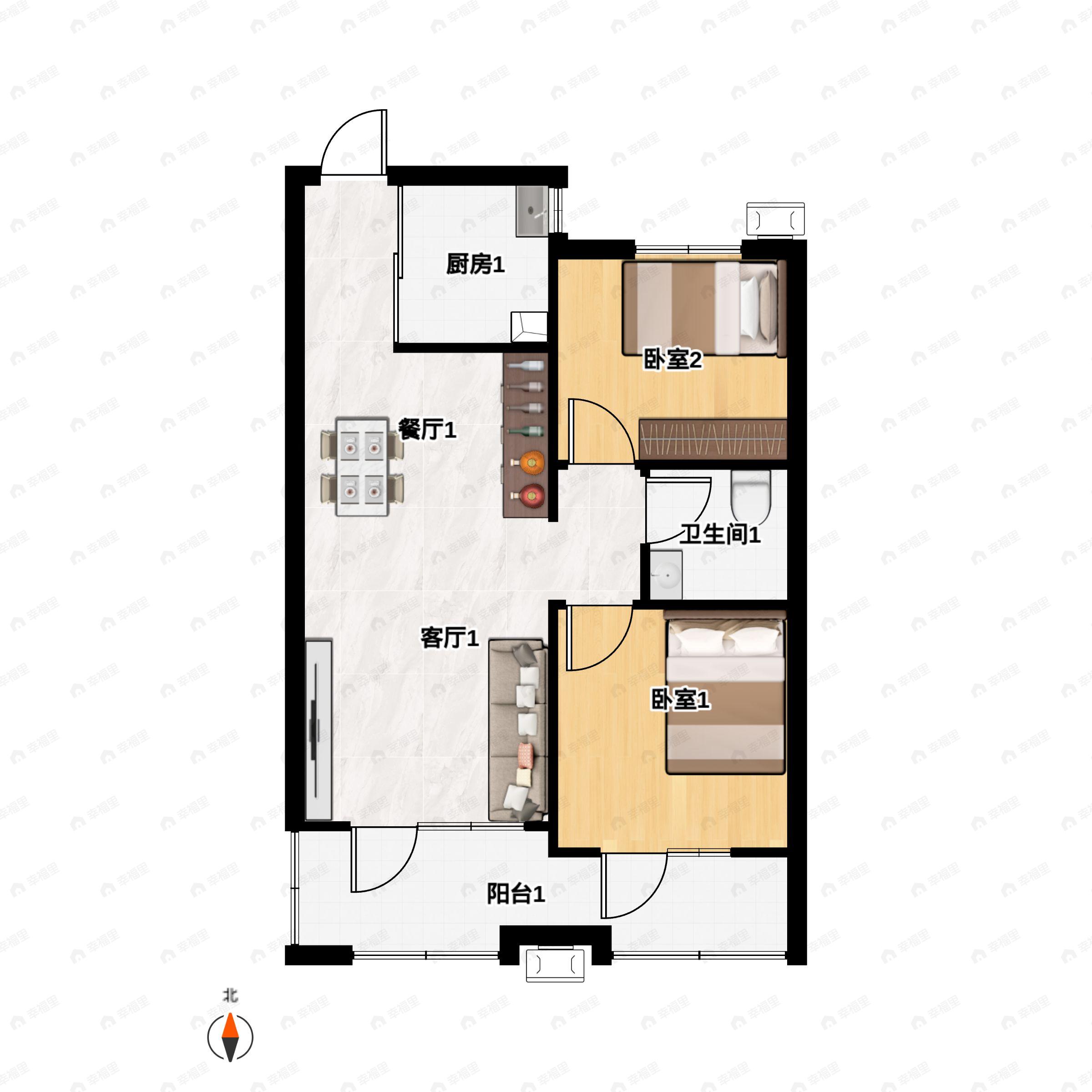 龙湖春江郦城2室2厅1卫户型图