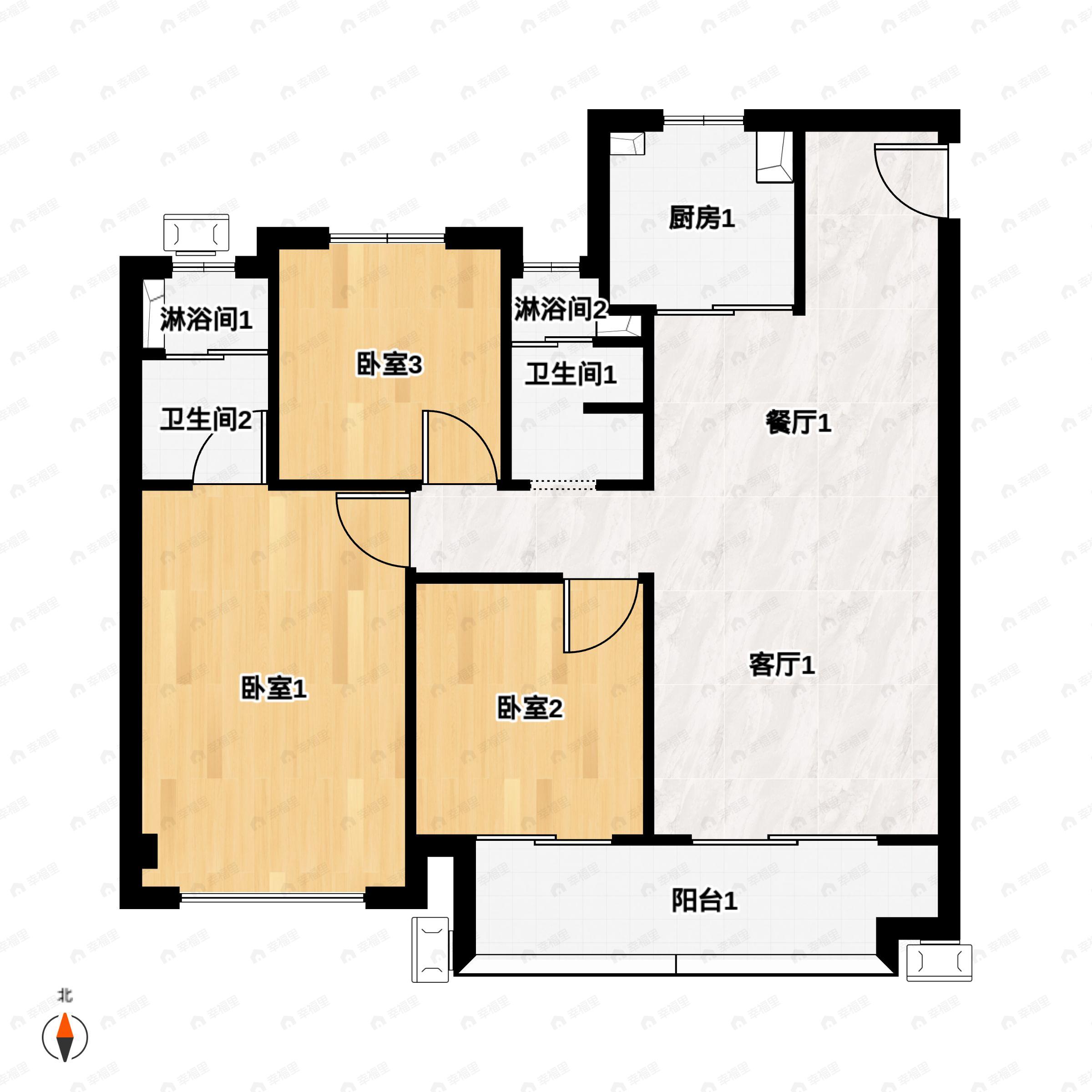 3室2厅2卫建面106平户型图