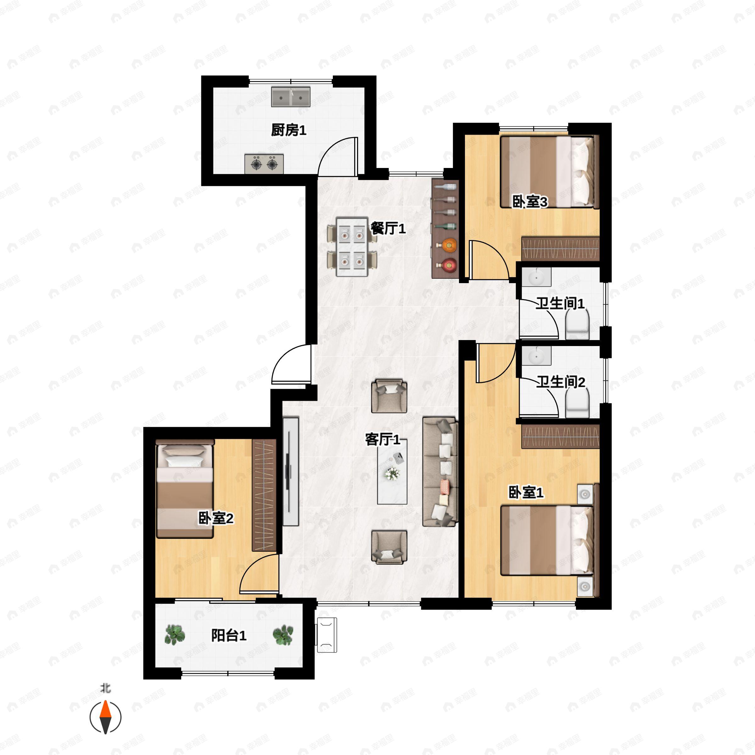 3室2厅2卫建面120m²南|北户型图