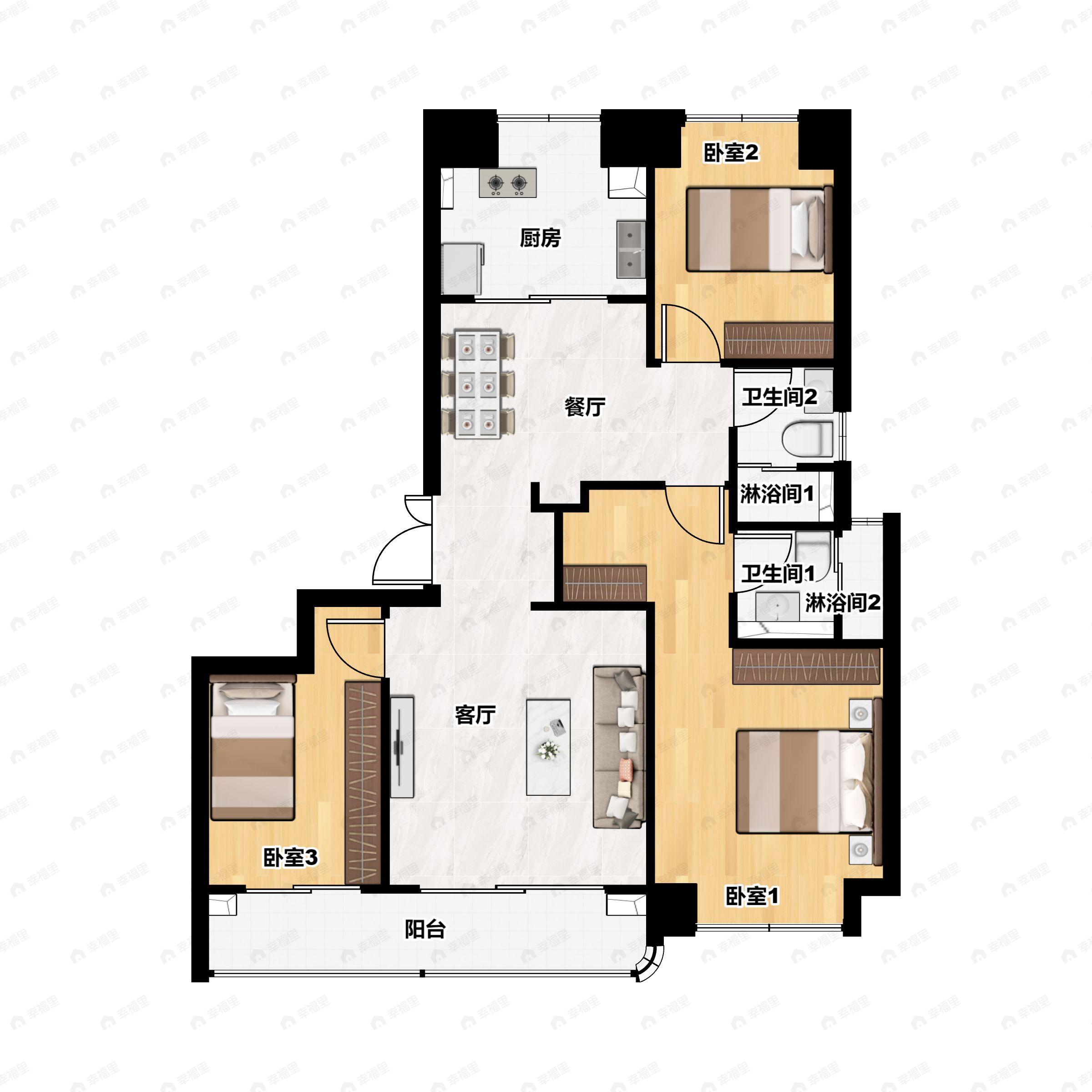 3室2厅2卫建面139m²南|北户型图
