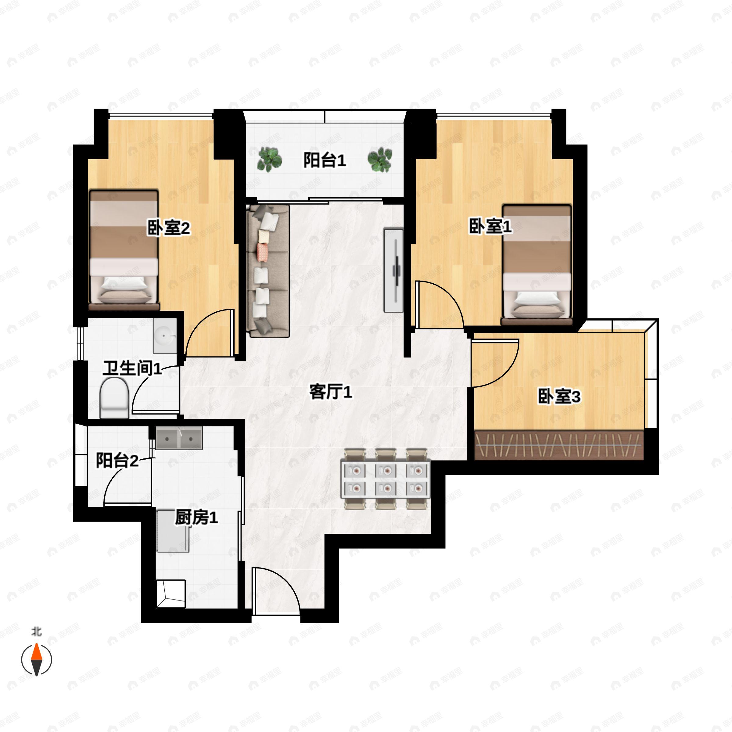 3室2厅2卫建面83平北户型图