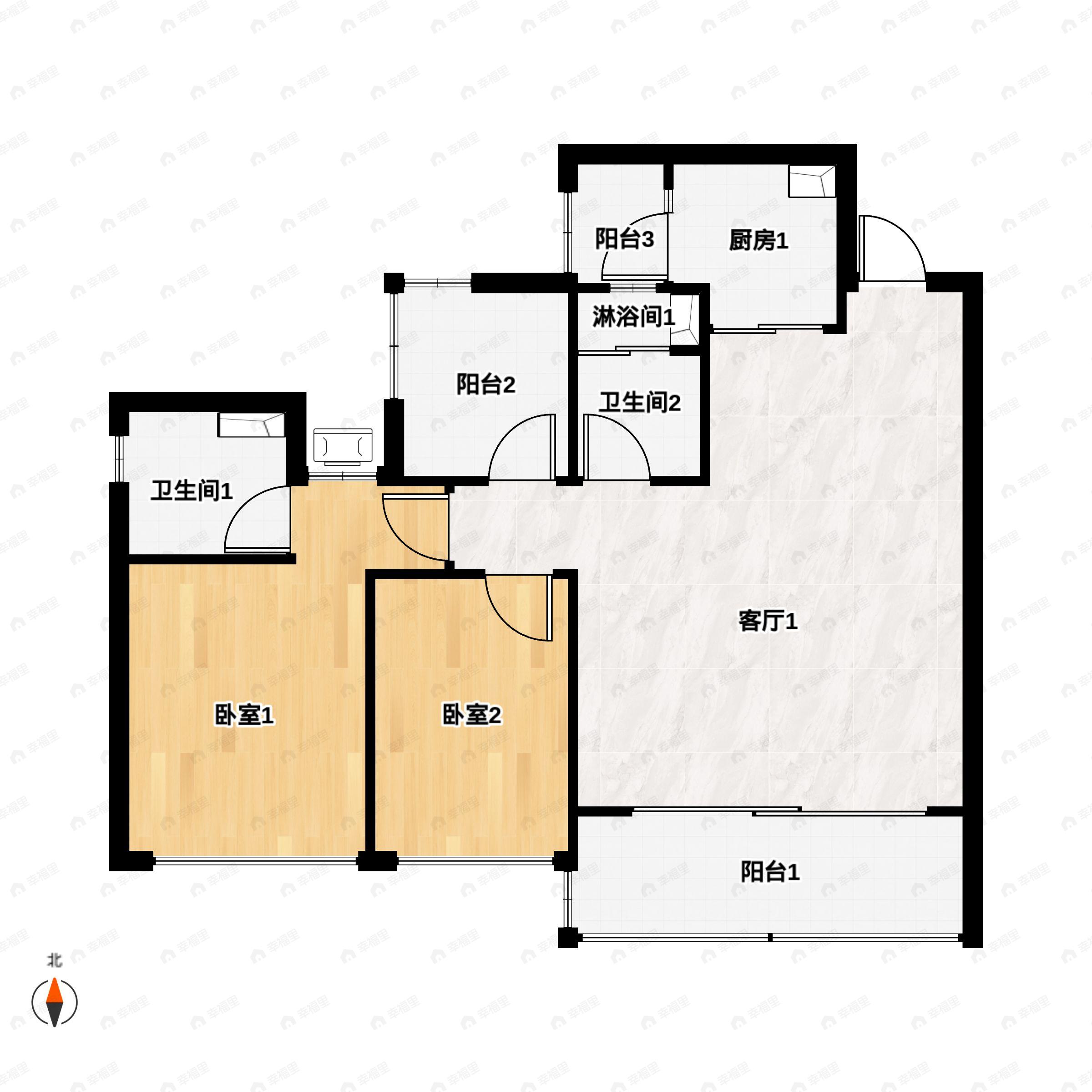 2室2厅2卫建面98平户型图