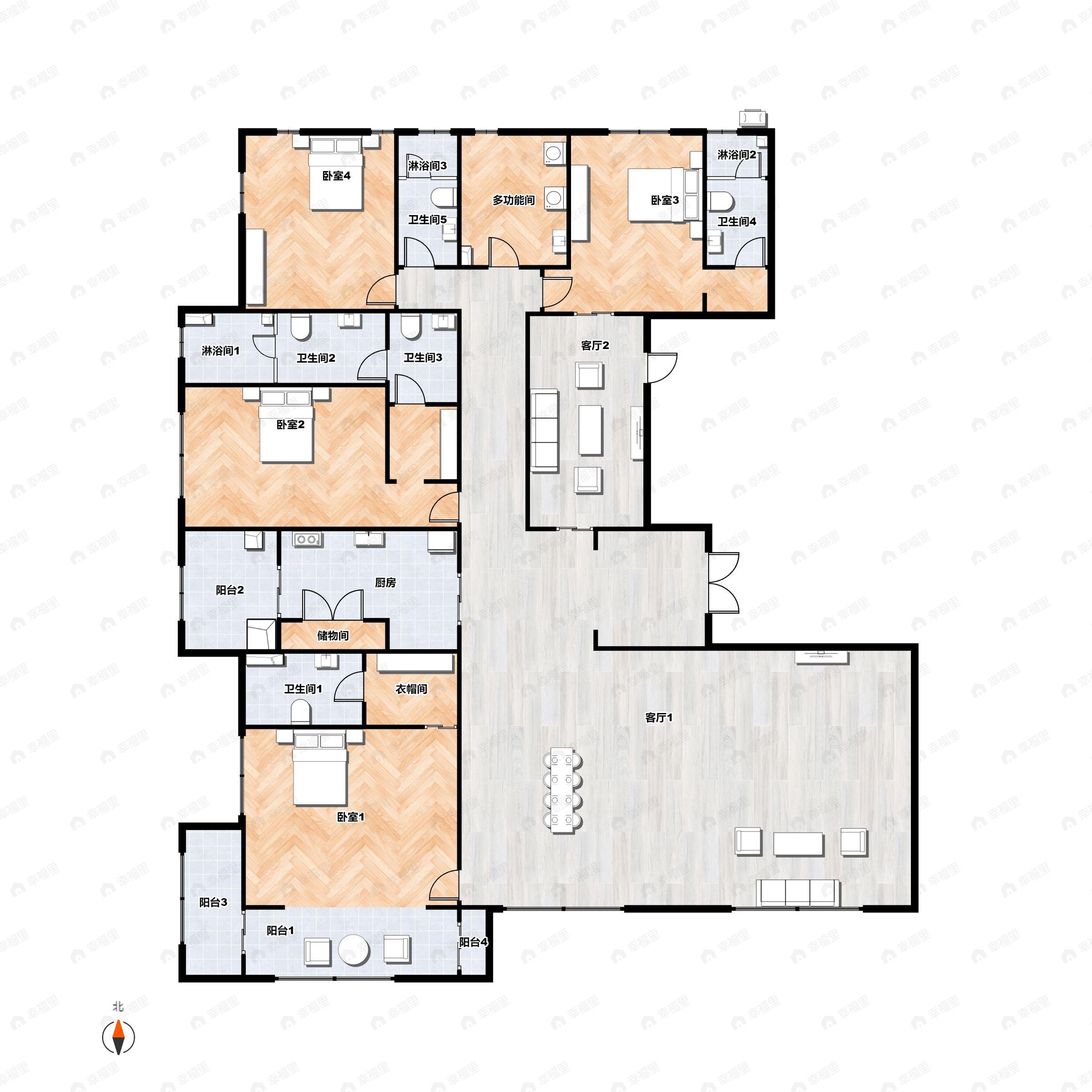 4室2厅4卫建面400平南|西南户型图