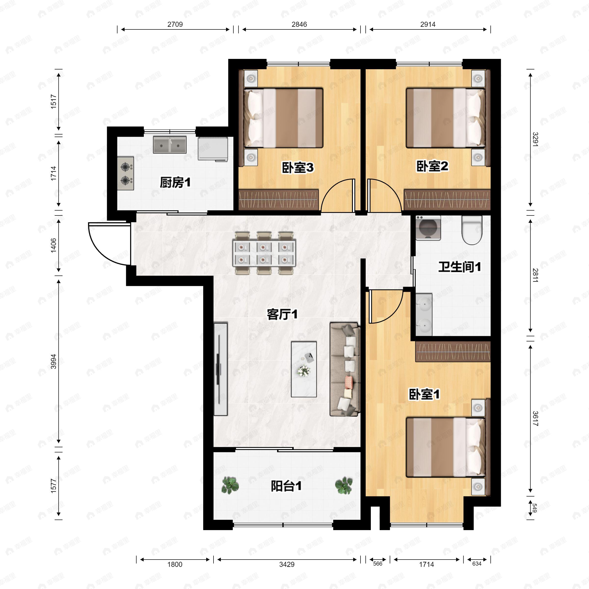 3室2厅1卫建面101平北|南户型图