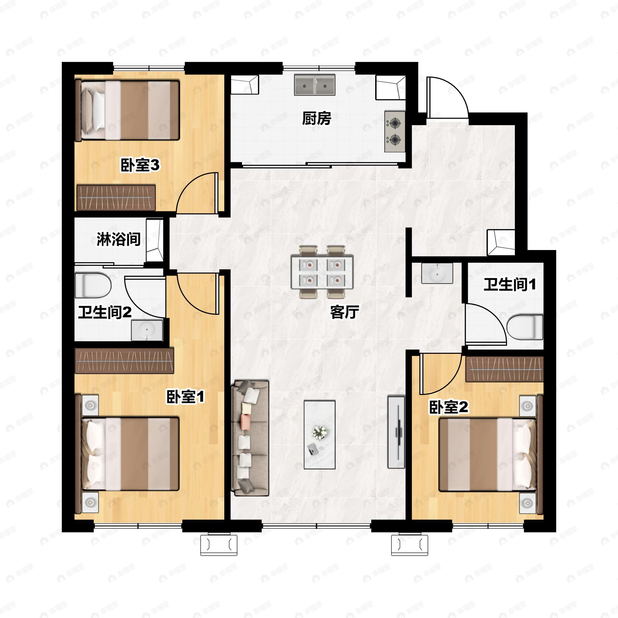 3室2厅2卫建面120平南|北户型图