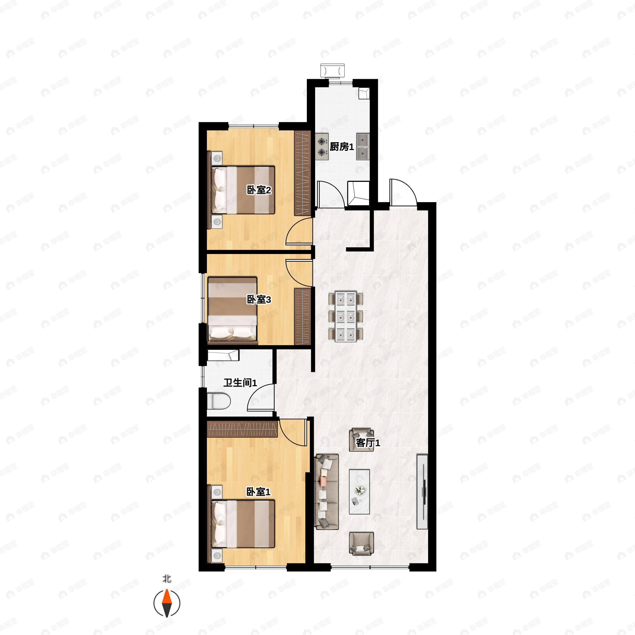 3室2厅1卫建面120平北|南户型图