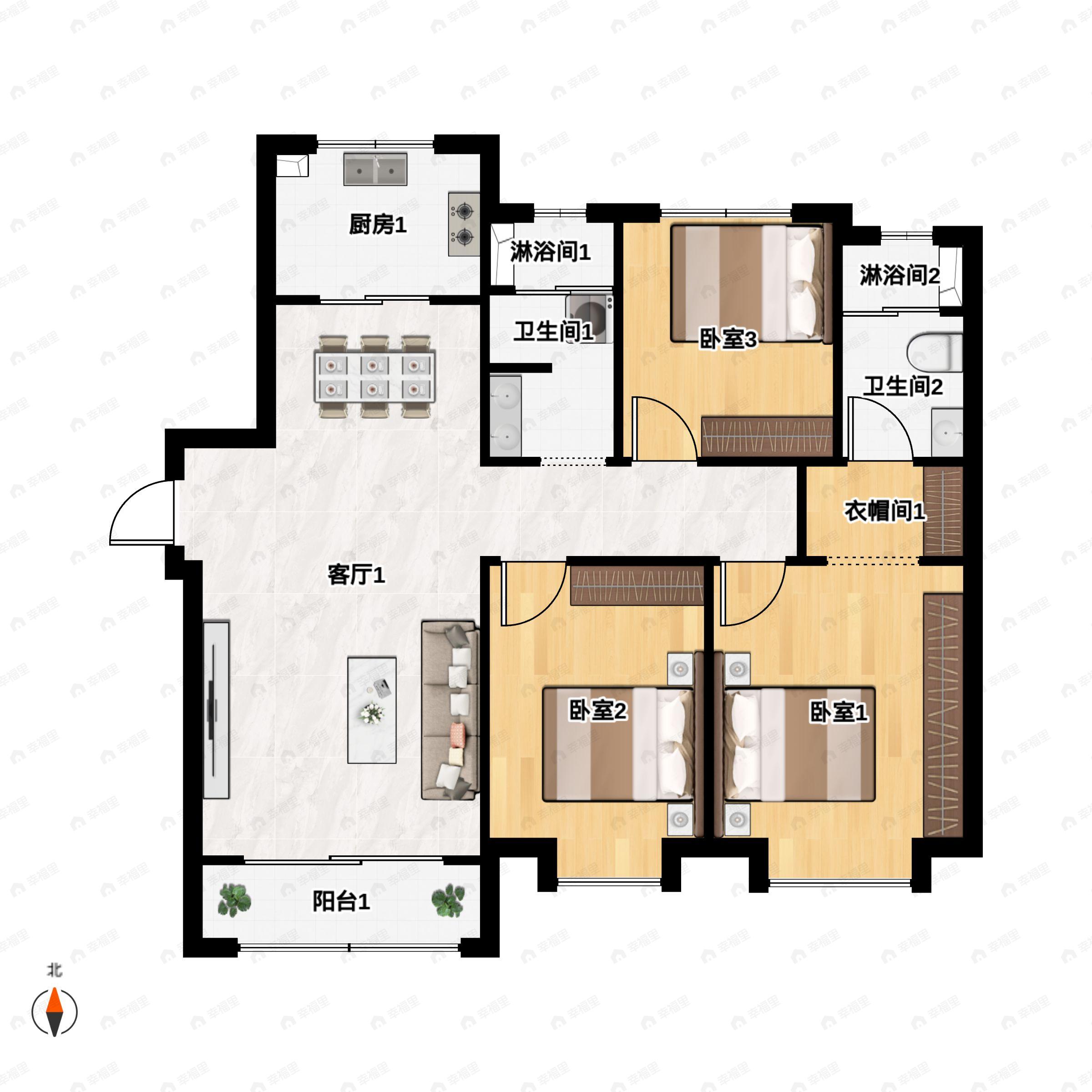 3室2厅2卫建面122m²北|南户型图