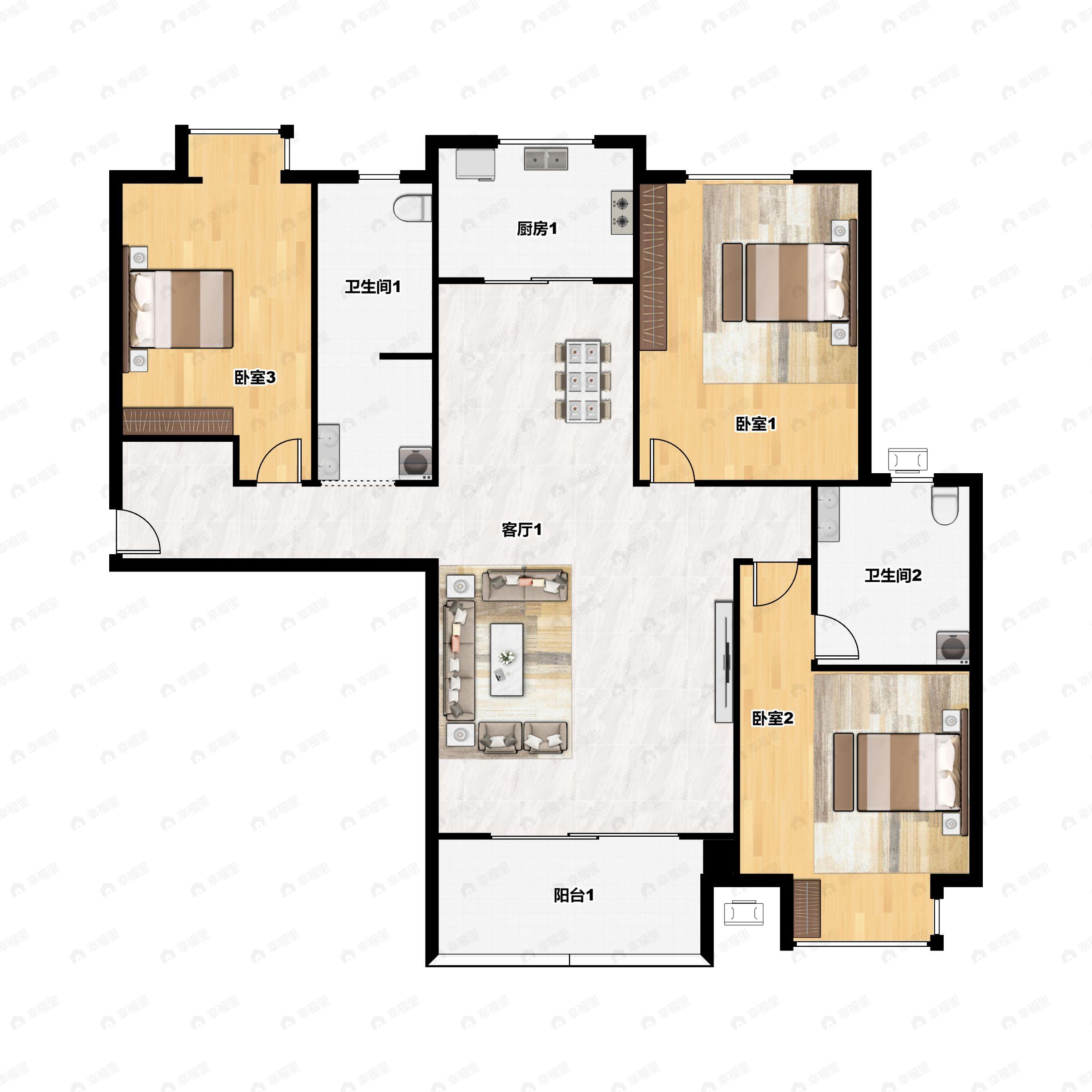 3室2厅2卫建面113m²南户型图