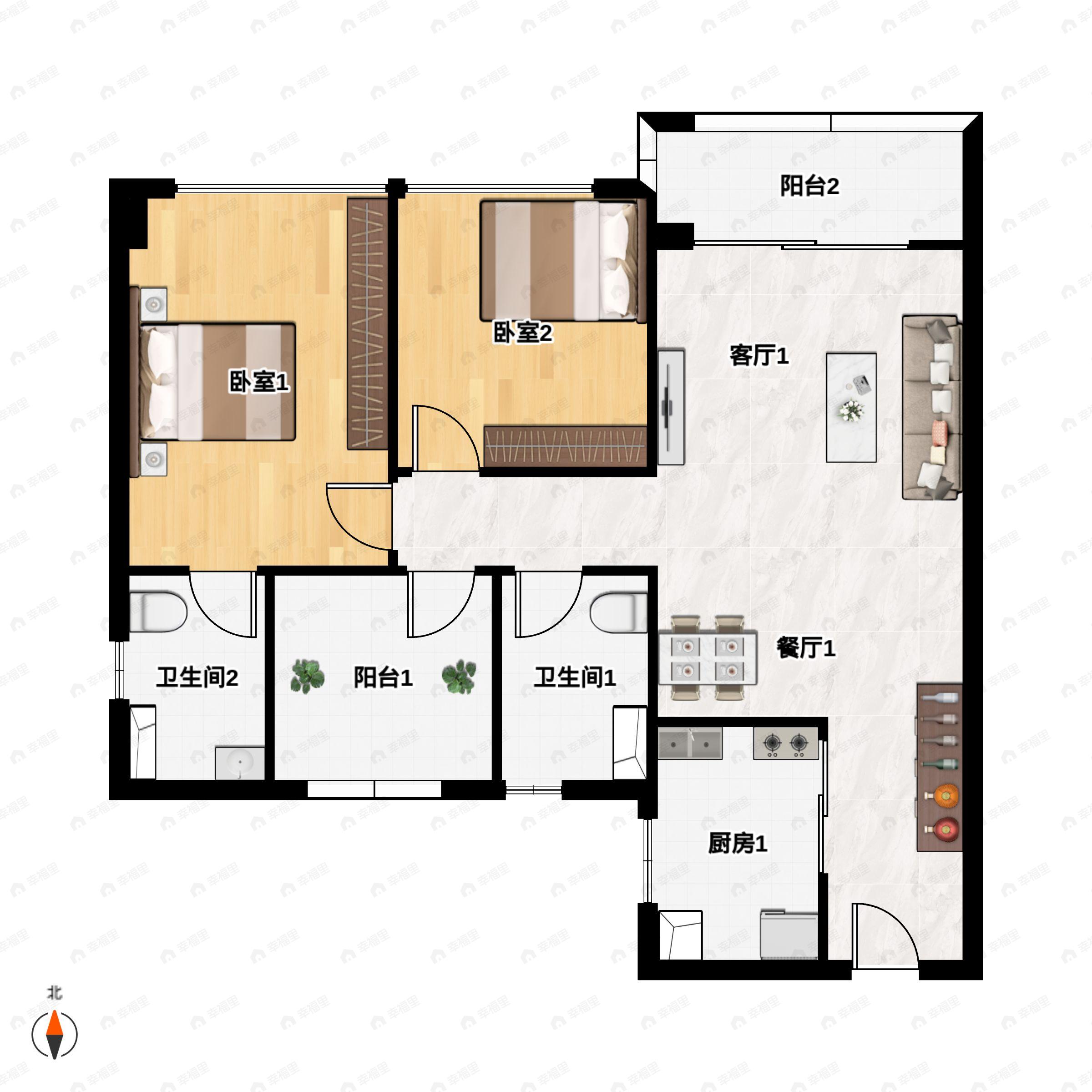 3室2厅2卫建面86m²南户型图