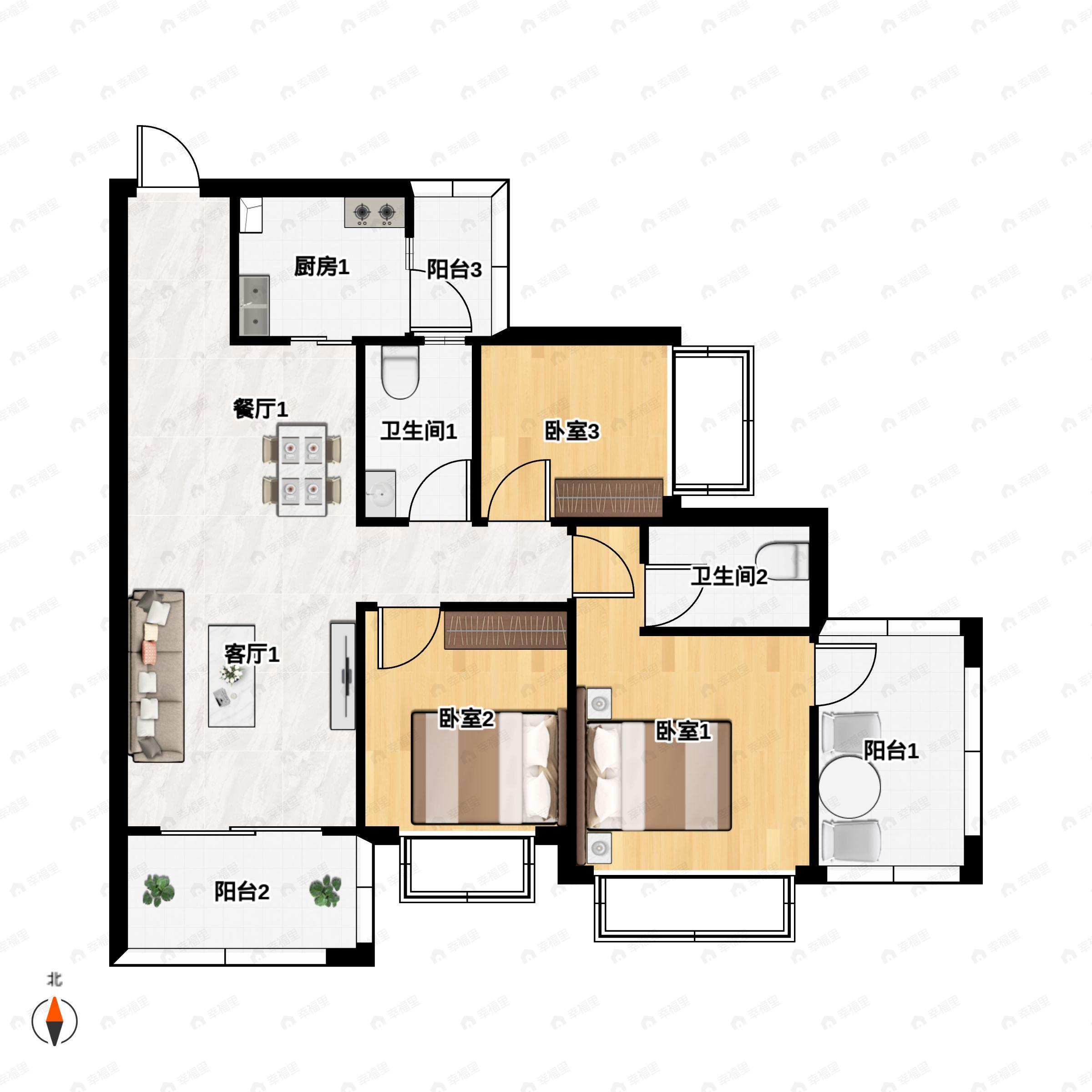 3室2厅2卫建面105平户型图