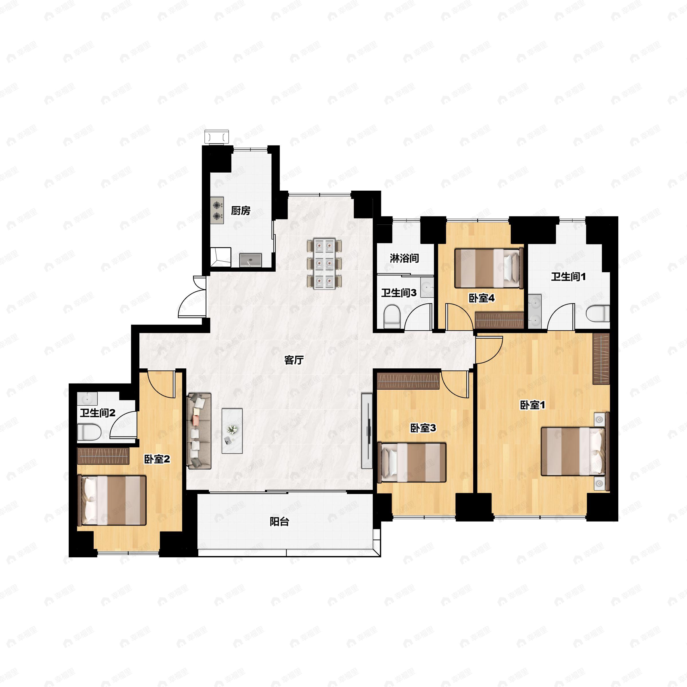 4室2厅3卫建面173平户型图