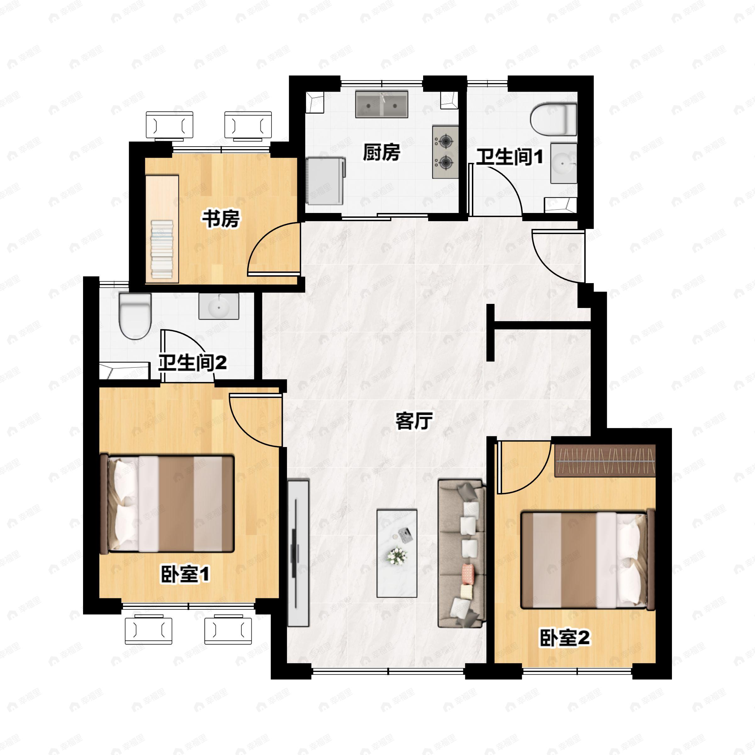 3室2厅2卫建面113平北|南户型图