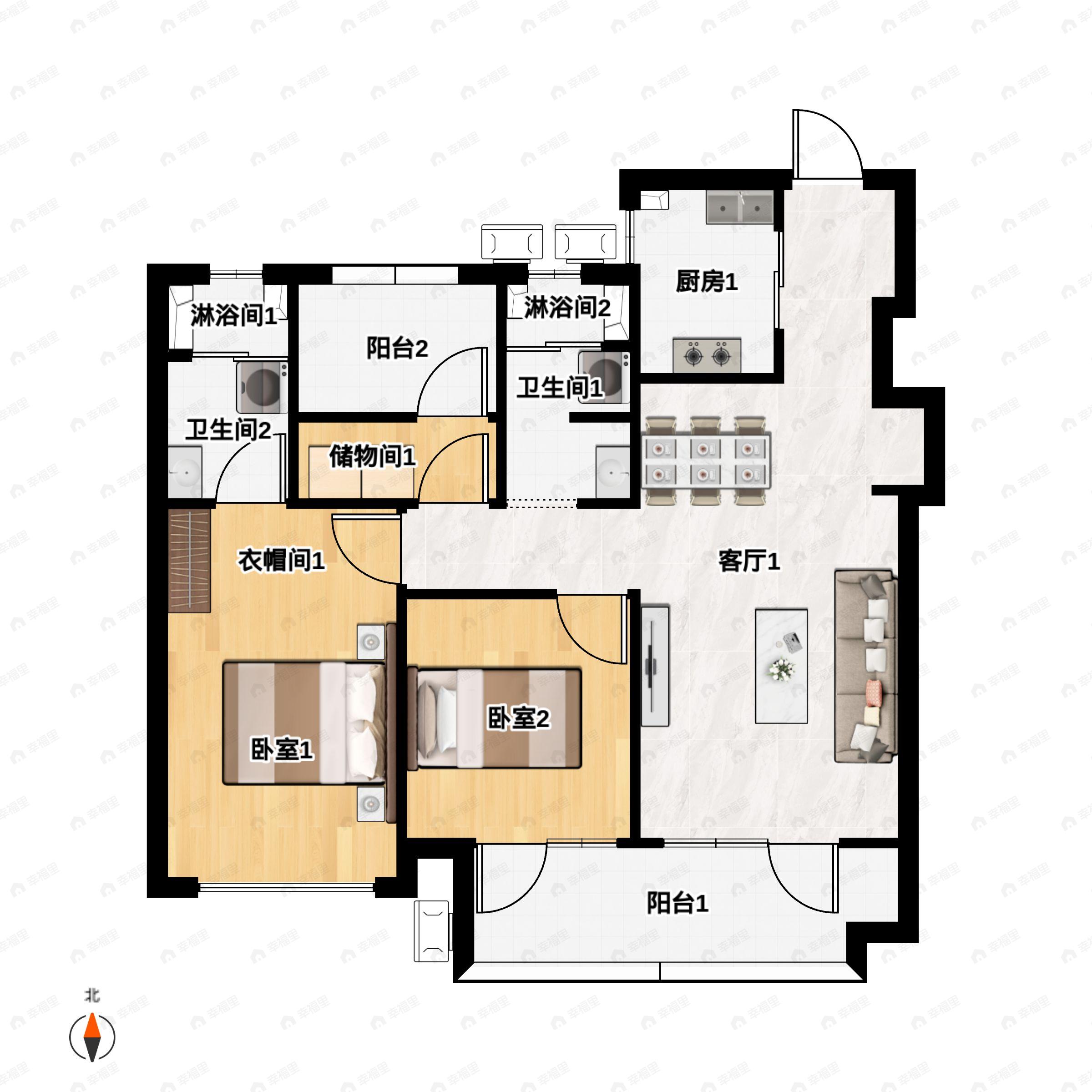 3室2厅2卫建面106平户型图