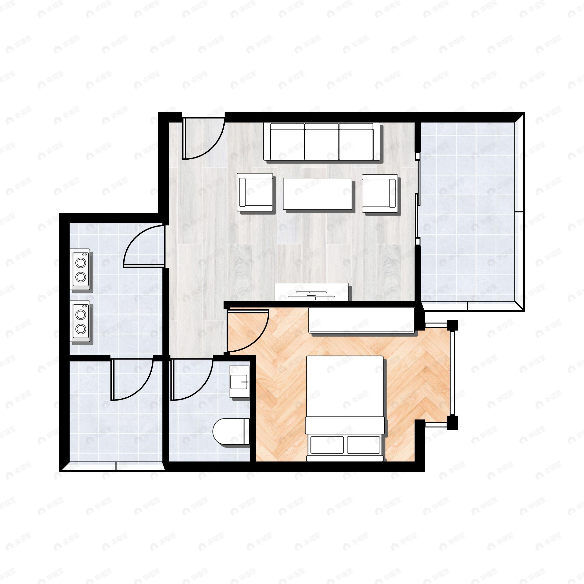 1室1厅1卫建面48m²东|西户型图