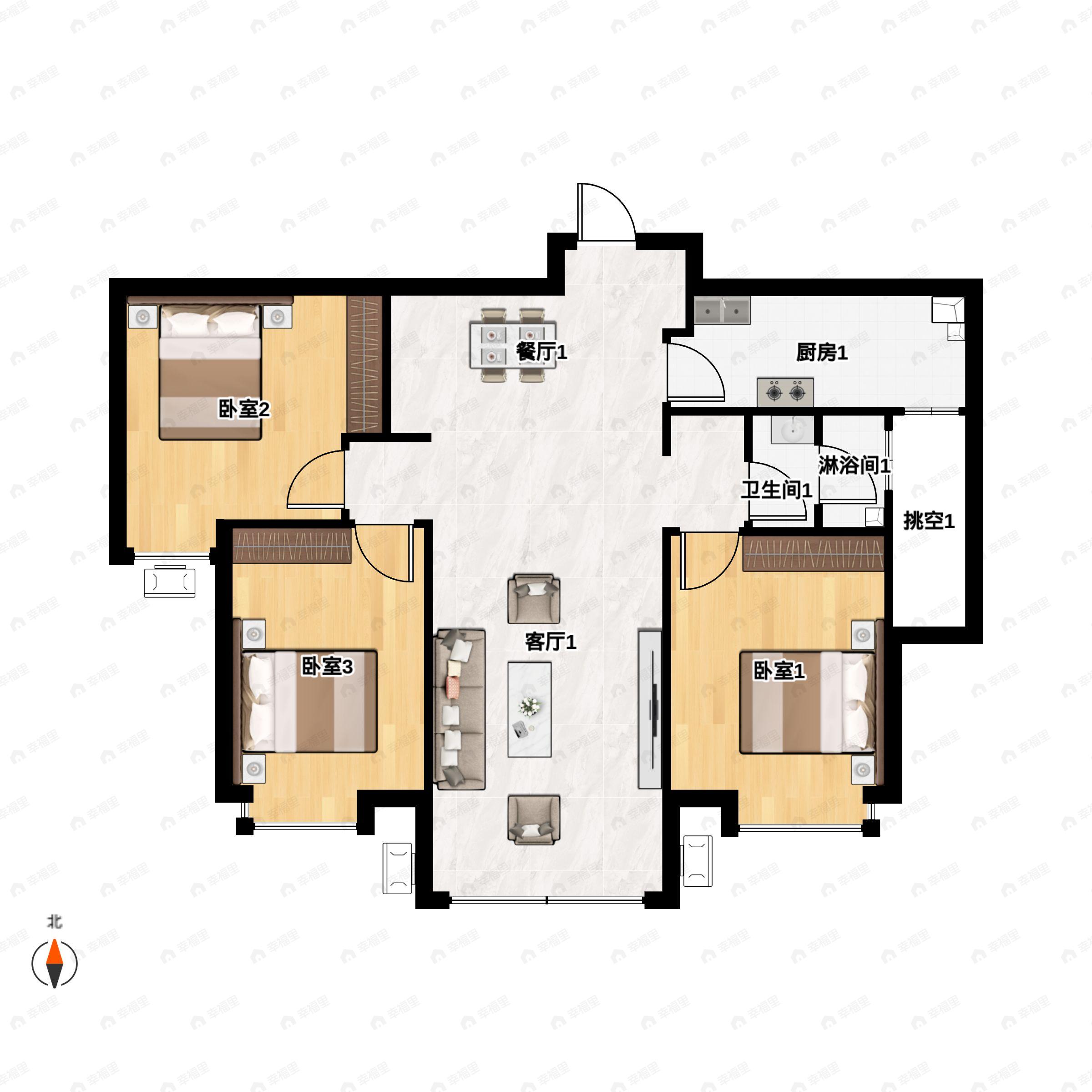 3室2厅1卫建面108m²南户型图
