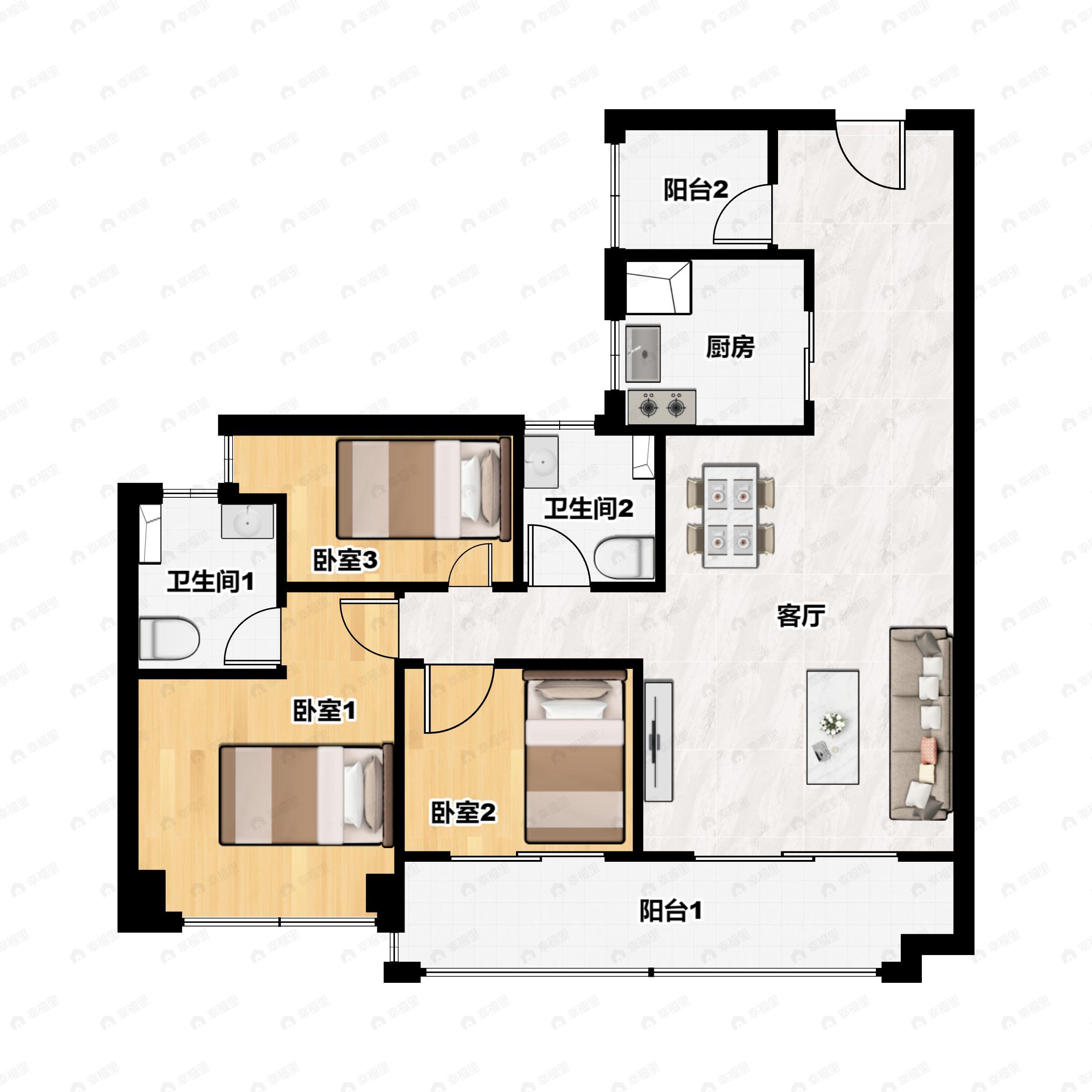 3室2厅2卫建面108平户型图