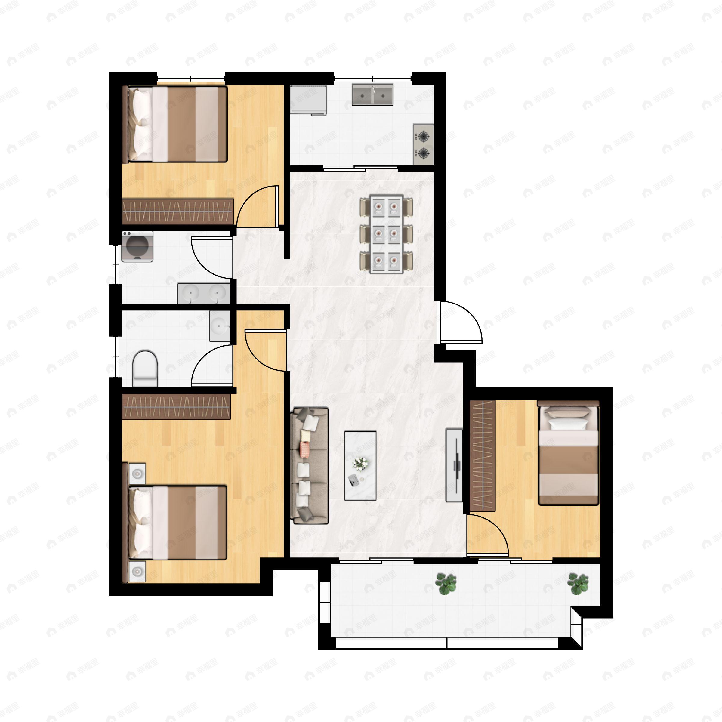 3室2厅2卫建面126m²南户型图