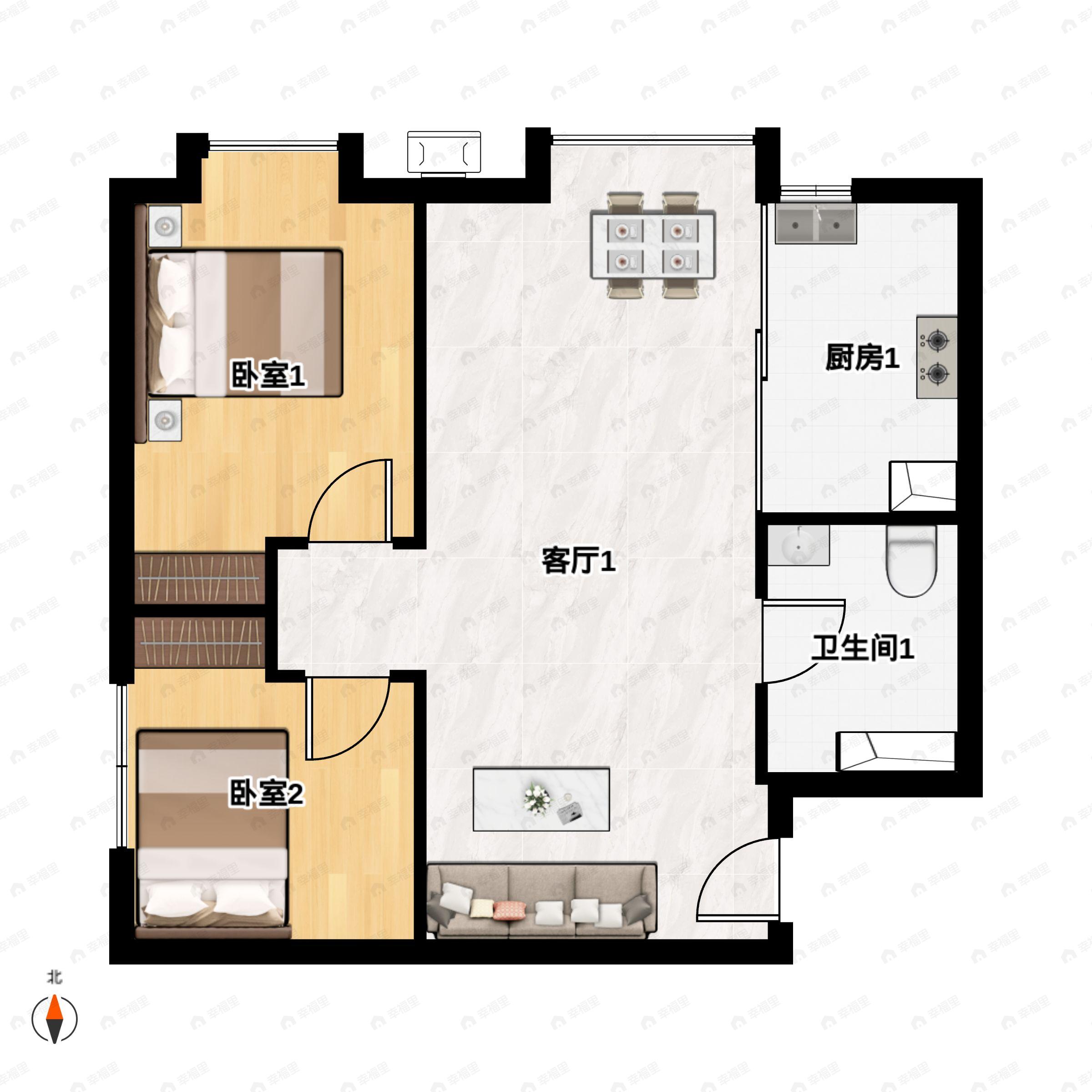 2室2厅1卫建面65平户型图