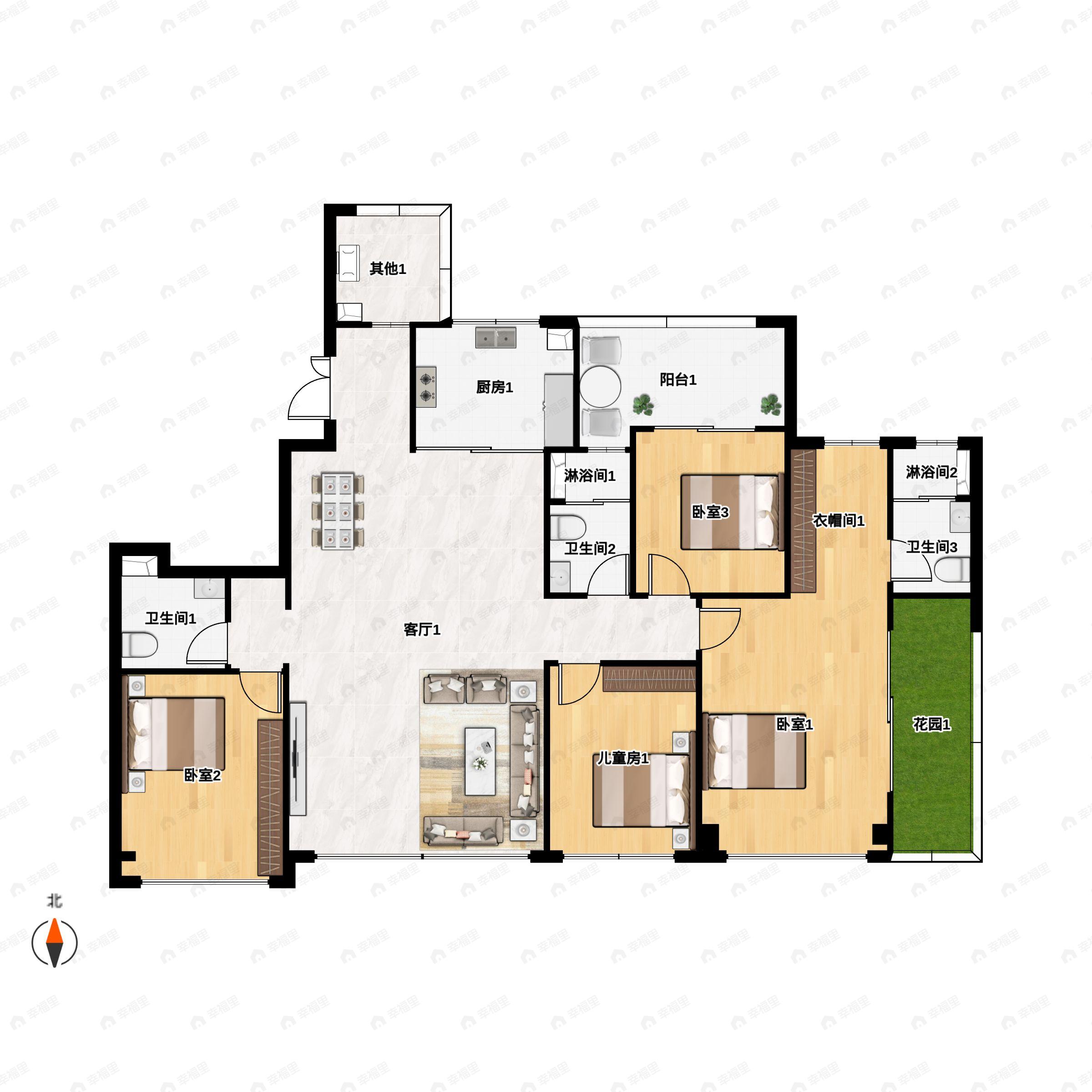 4室2厅3卫建面168m²南户型图