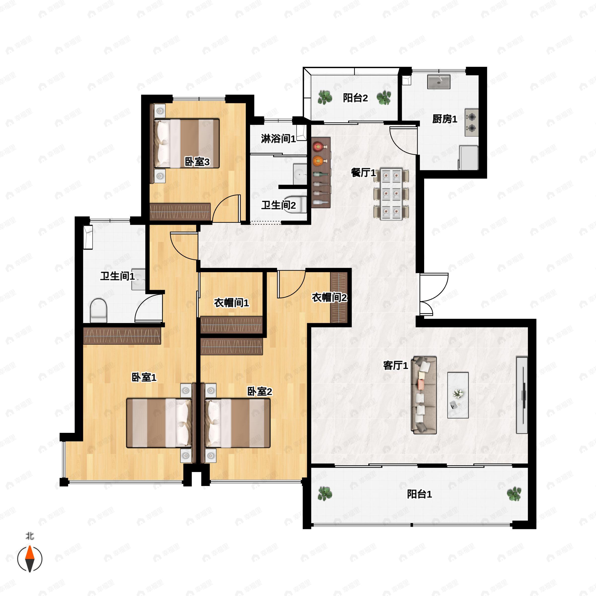 3室2厅2卫建面153m²北|南户型图