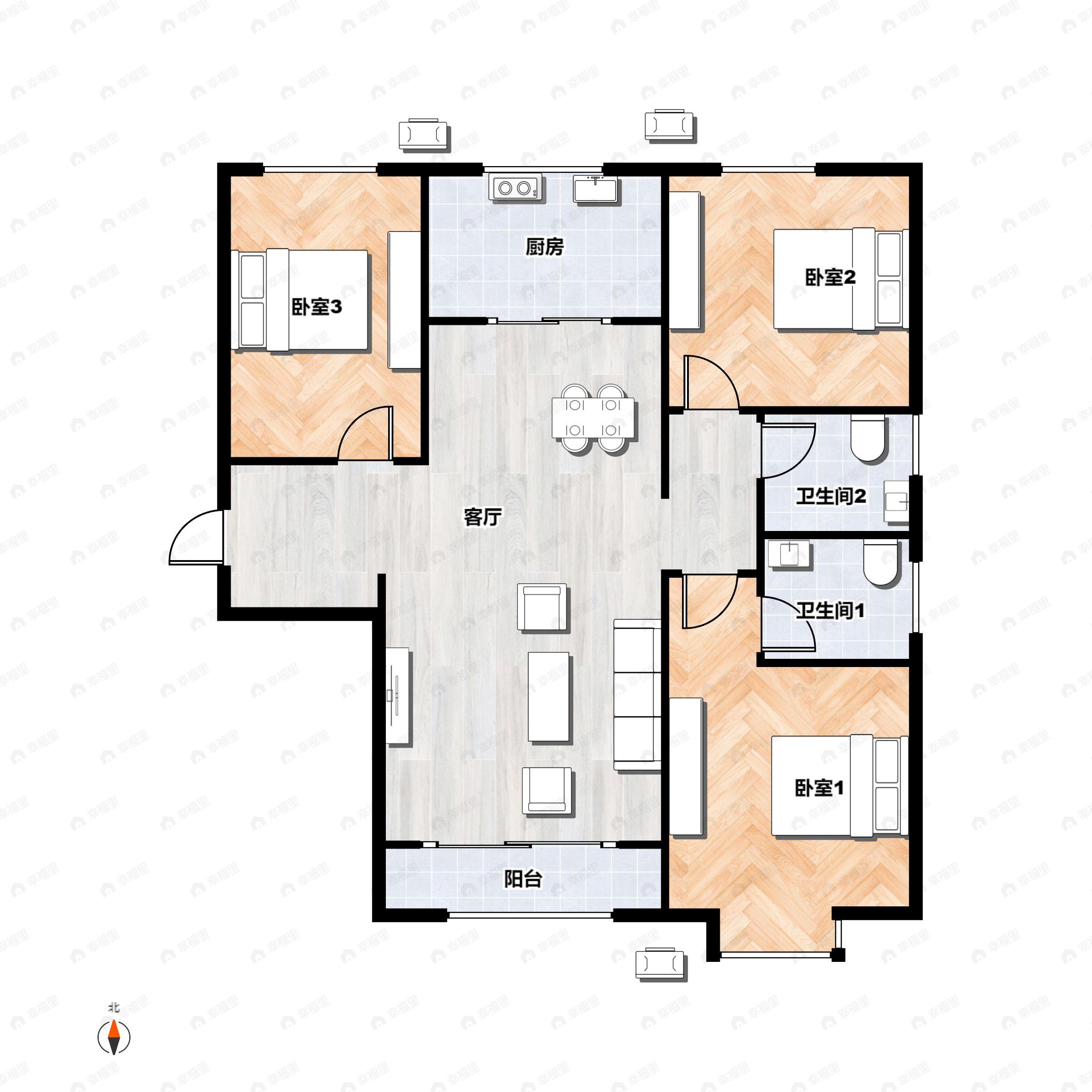 3室2厅2卫建面122平南|北户型图