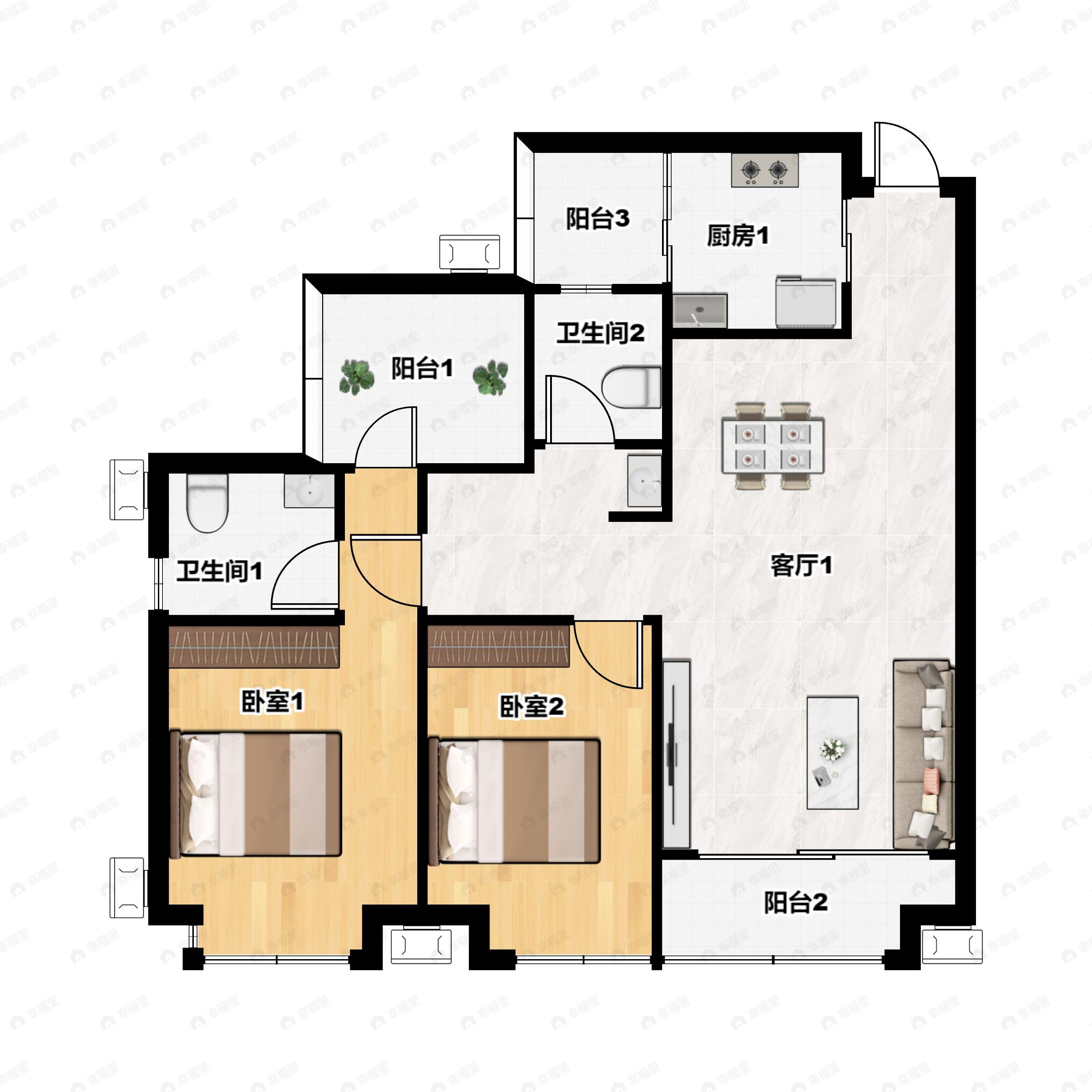 3室2厅2卫建面92平南户型图