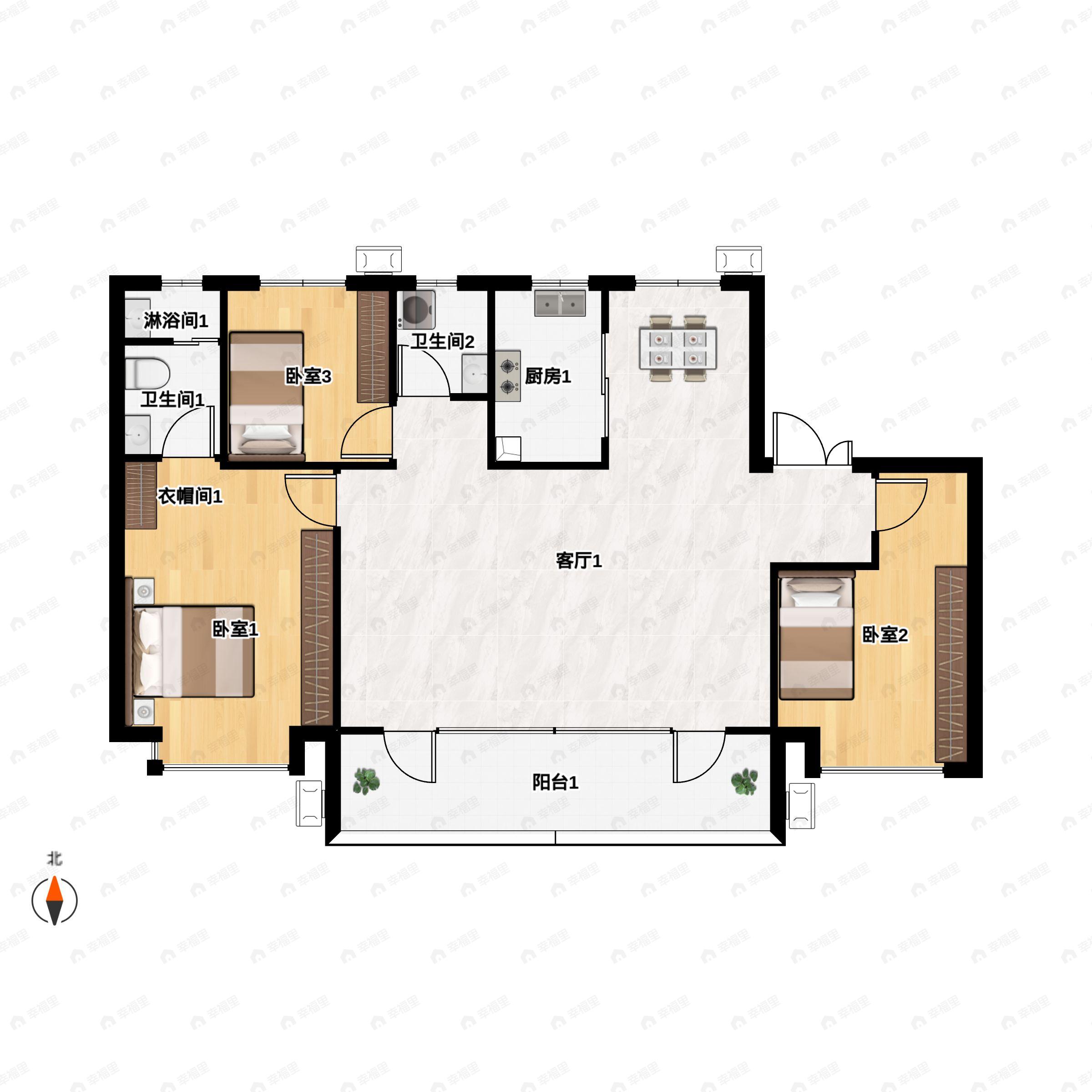 3室2厅2卫建面143m²南户型图
