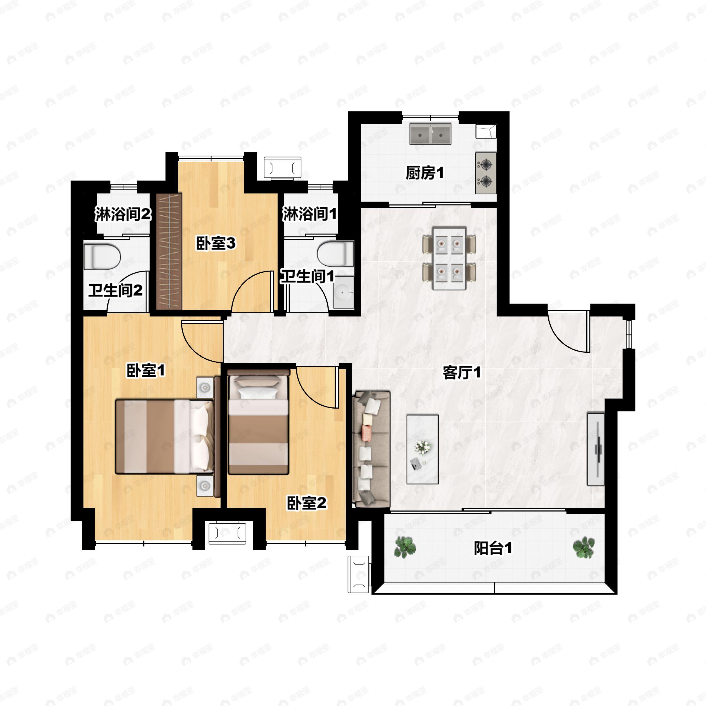 3室2厅2卫建面110平南|北户型图