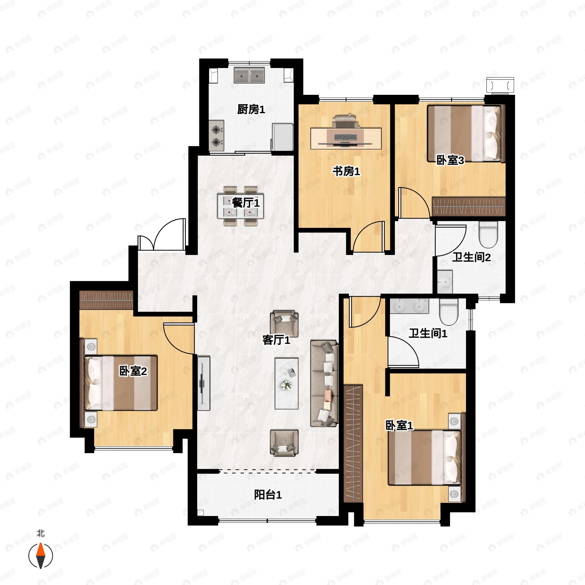 4室2厅2卫建面143m²北|南户型图