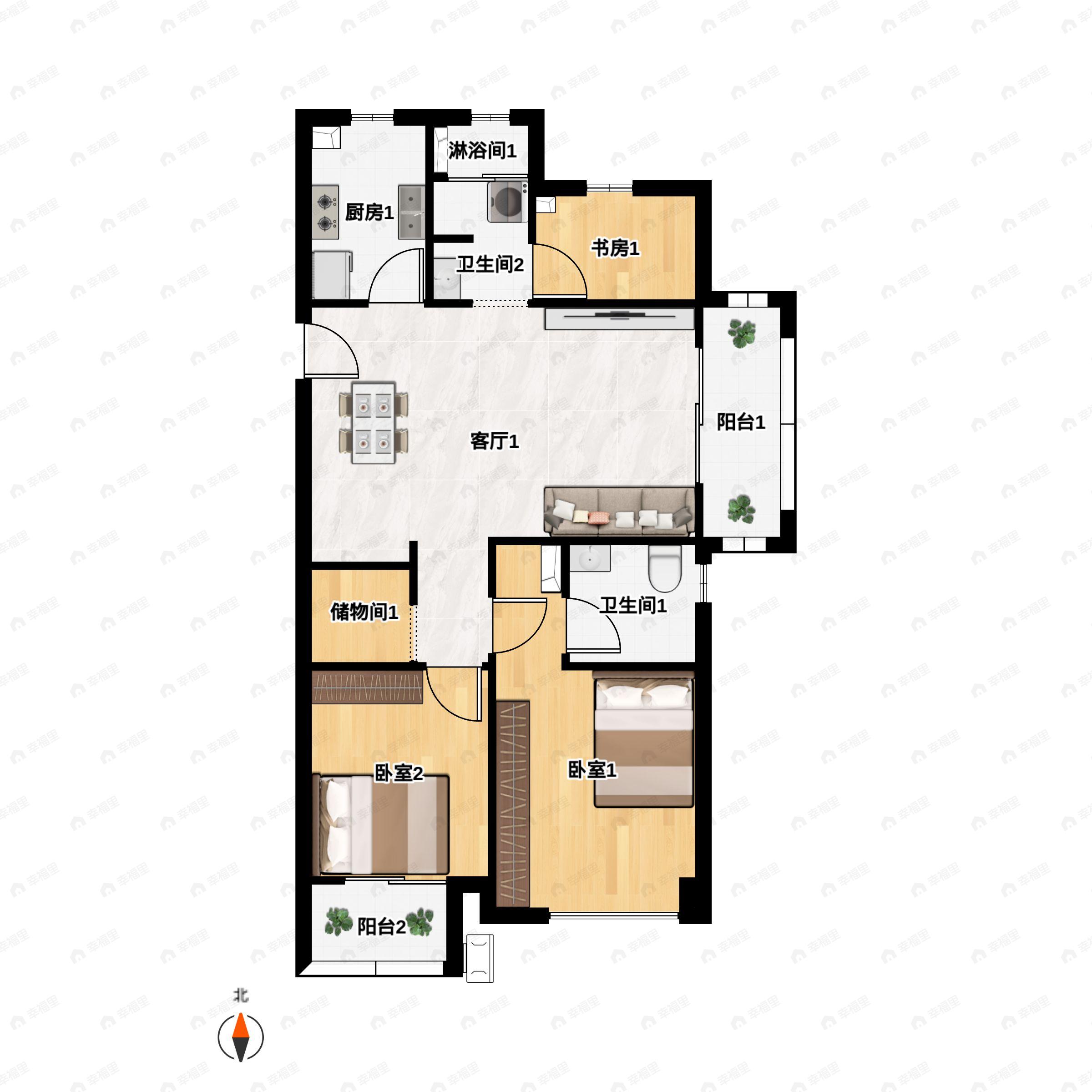 3室2厅2卫建面99平南户型图