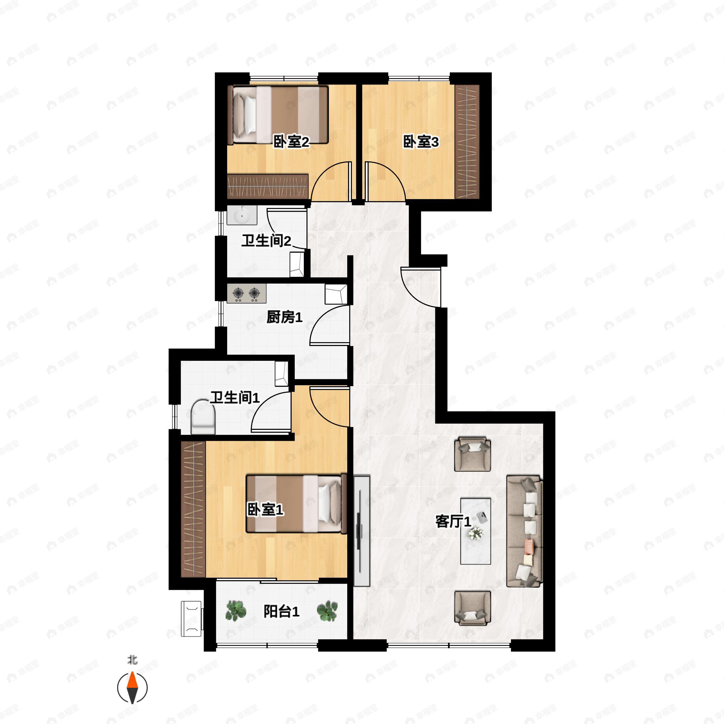 3室2厅1卫建面108m²户型图
