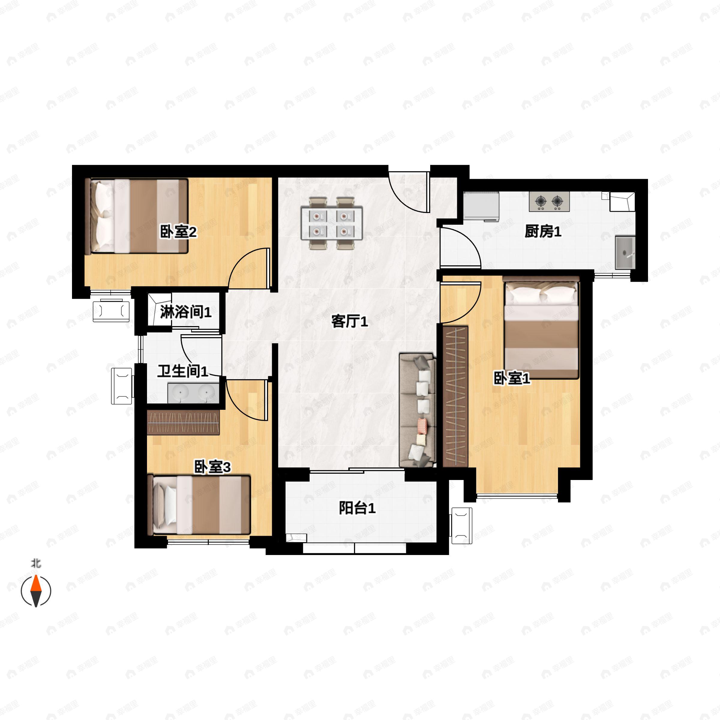 3室2厅1卫建面101m²南|北户型图