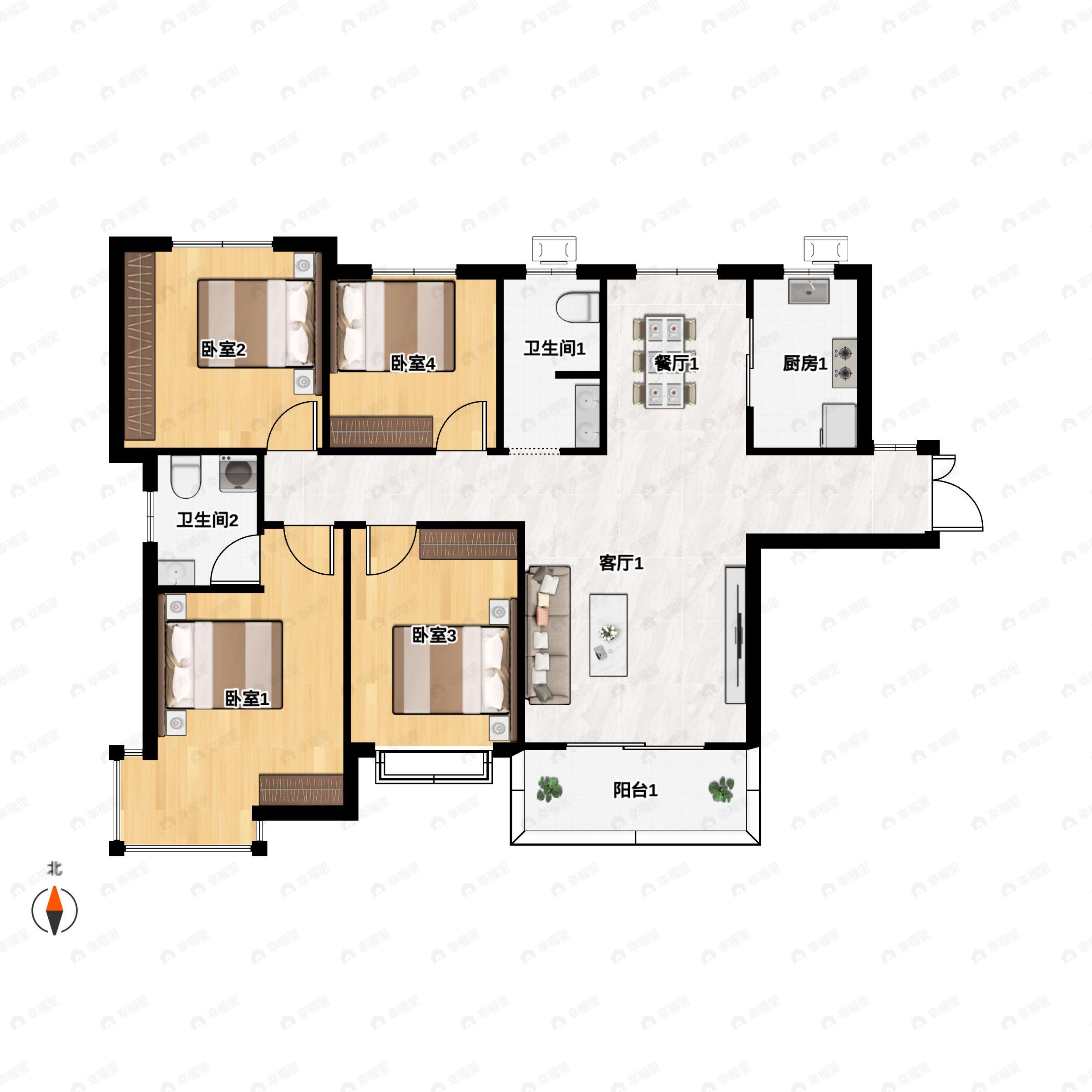 4室2厅2卫建面136平南户型图