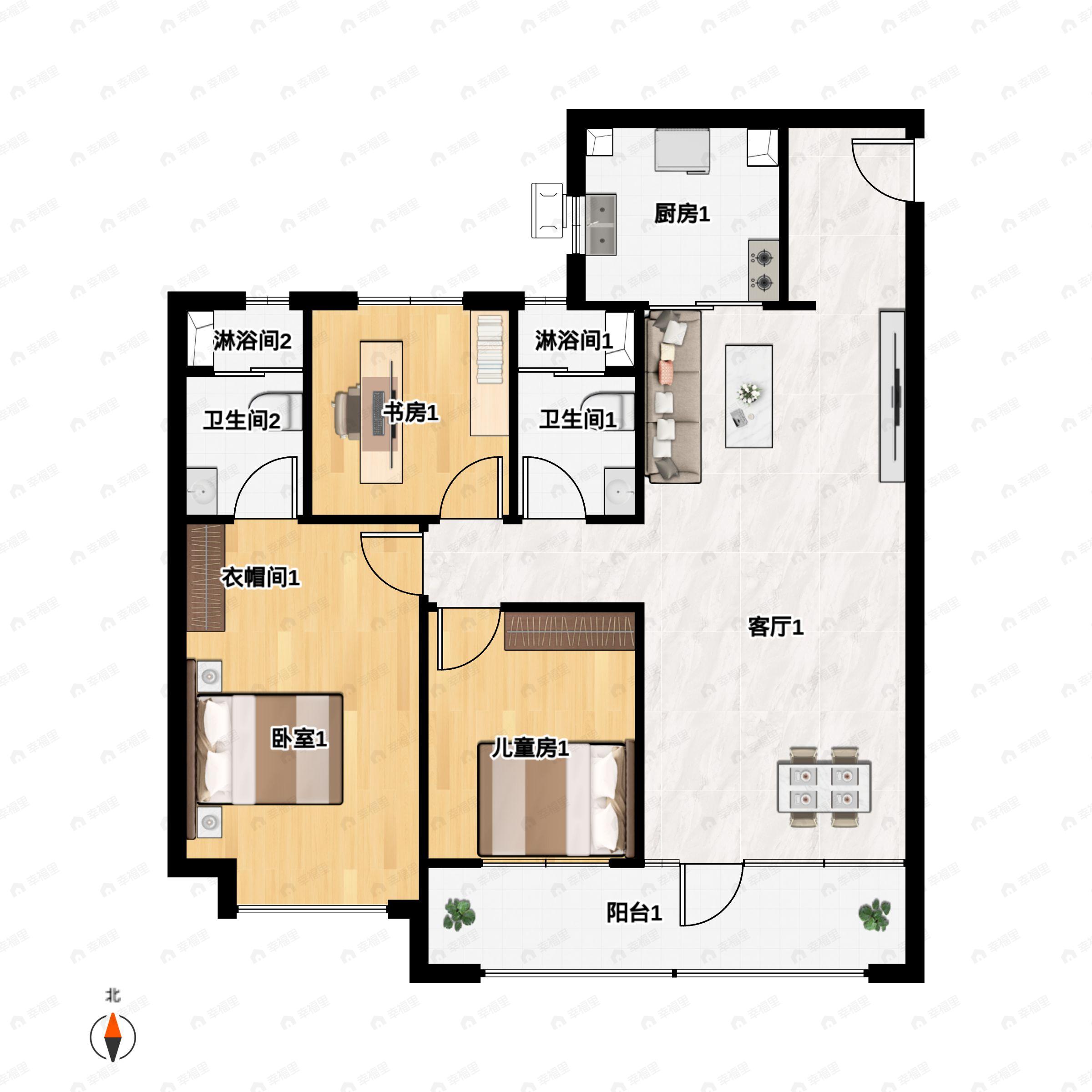 3室2厅2卫建面128平户型图