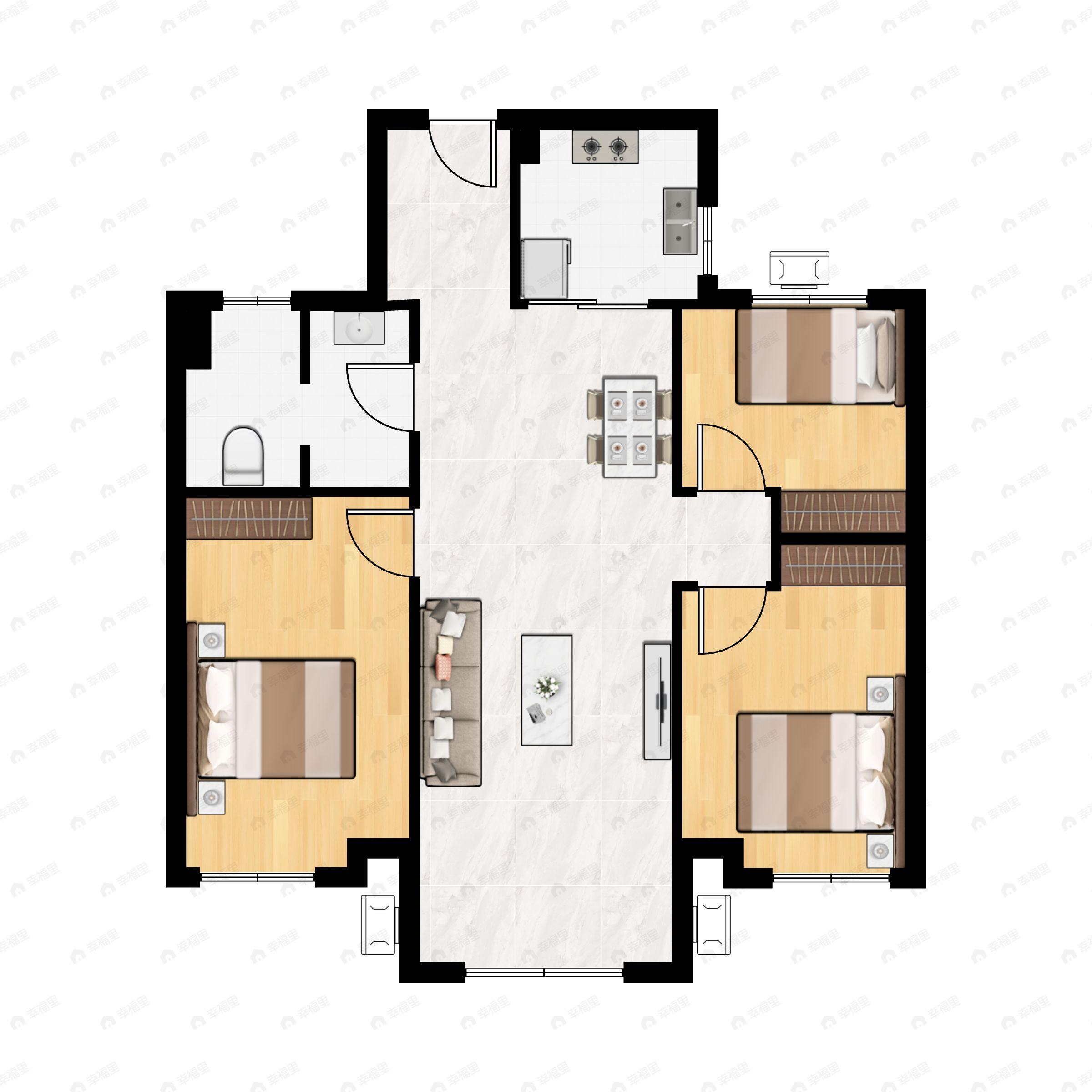3室2厅1卫建面101平南|北户型图