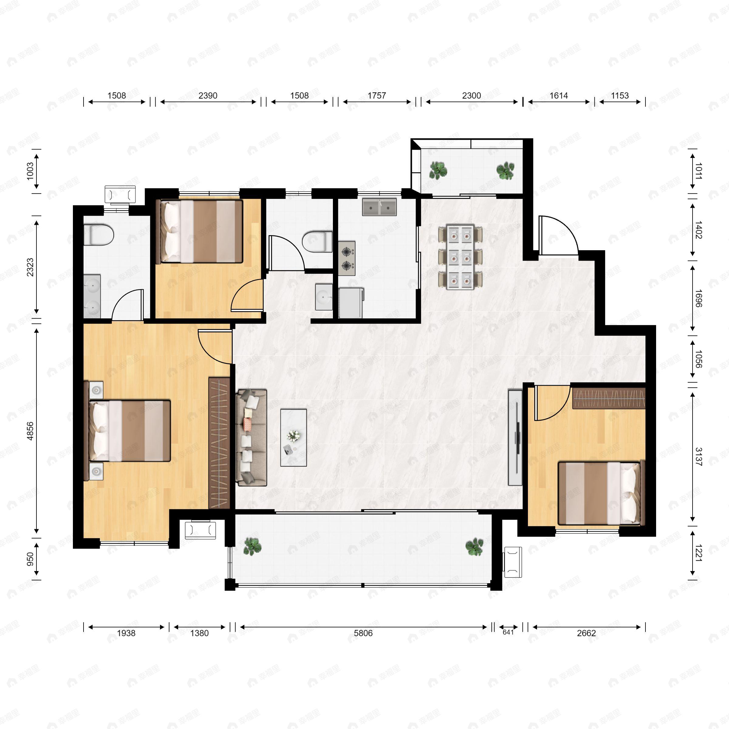 3室2厅2卫建面127m²东南|西南|东北|西北户型图