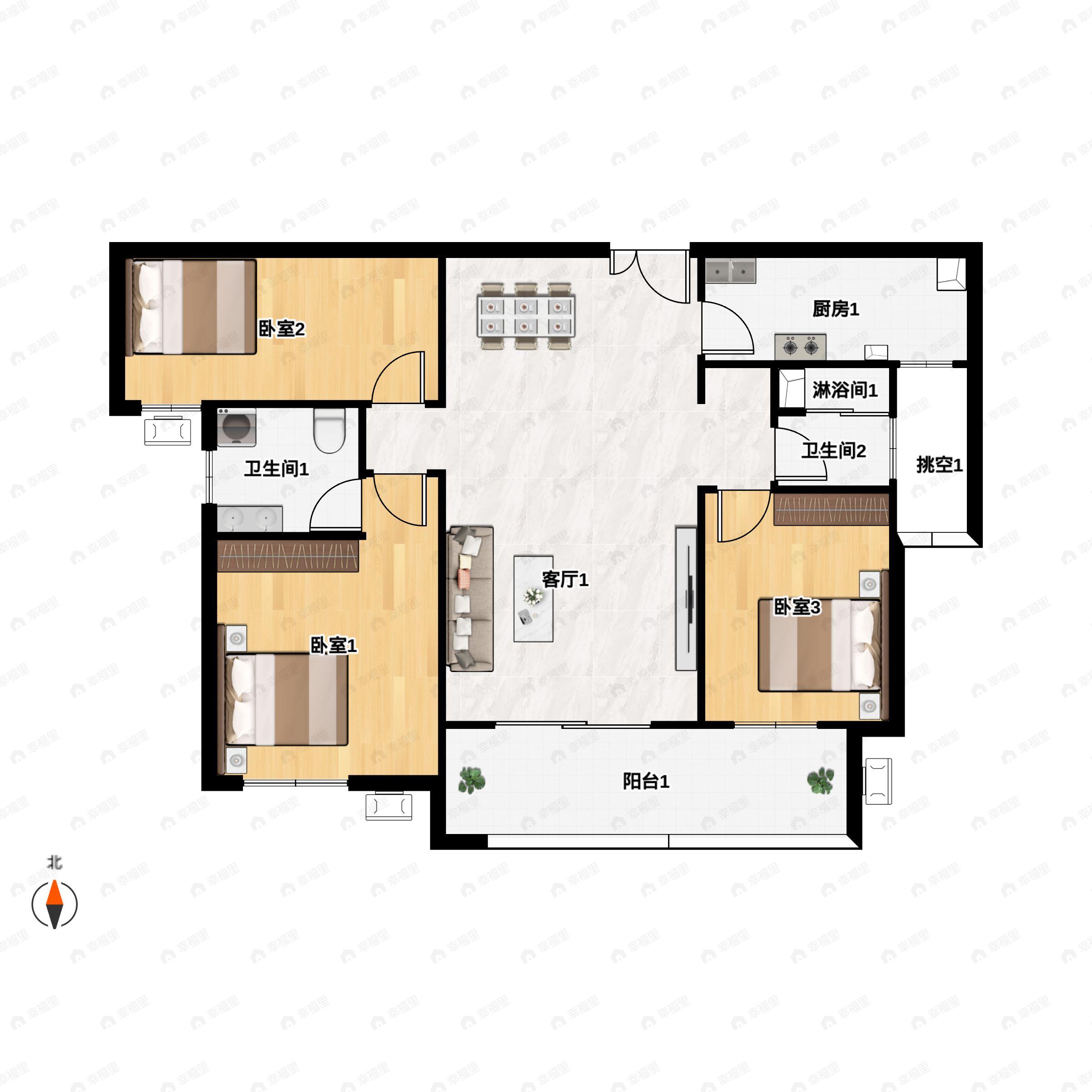 3室2厅2卫建面127平南户型图