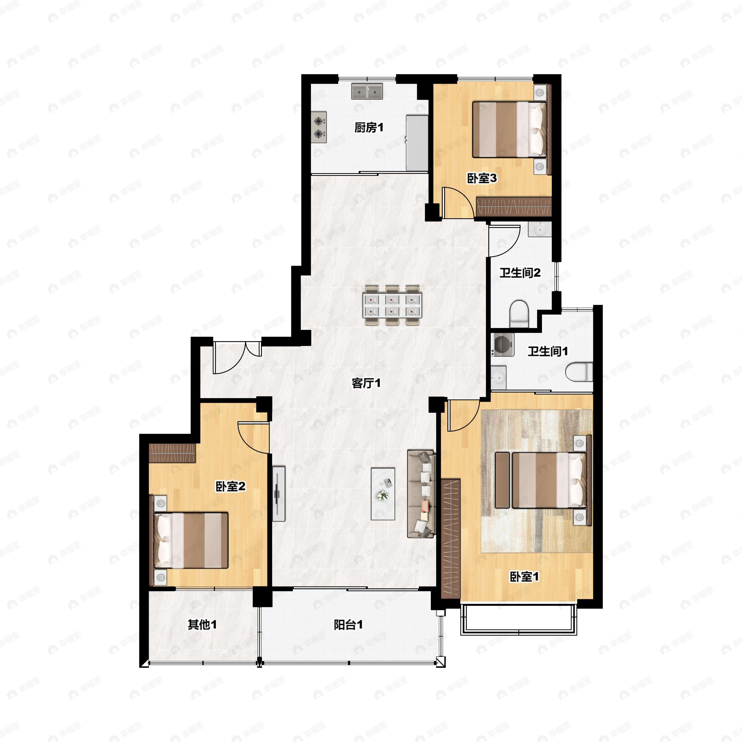 3室2厅2卫建面130m²南|北户型图
