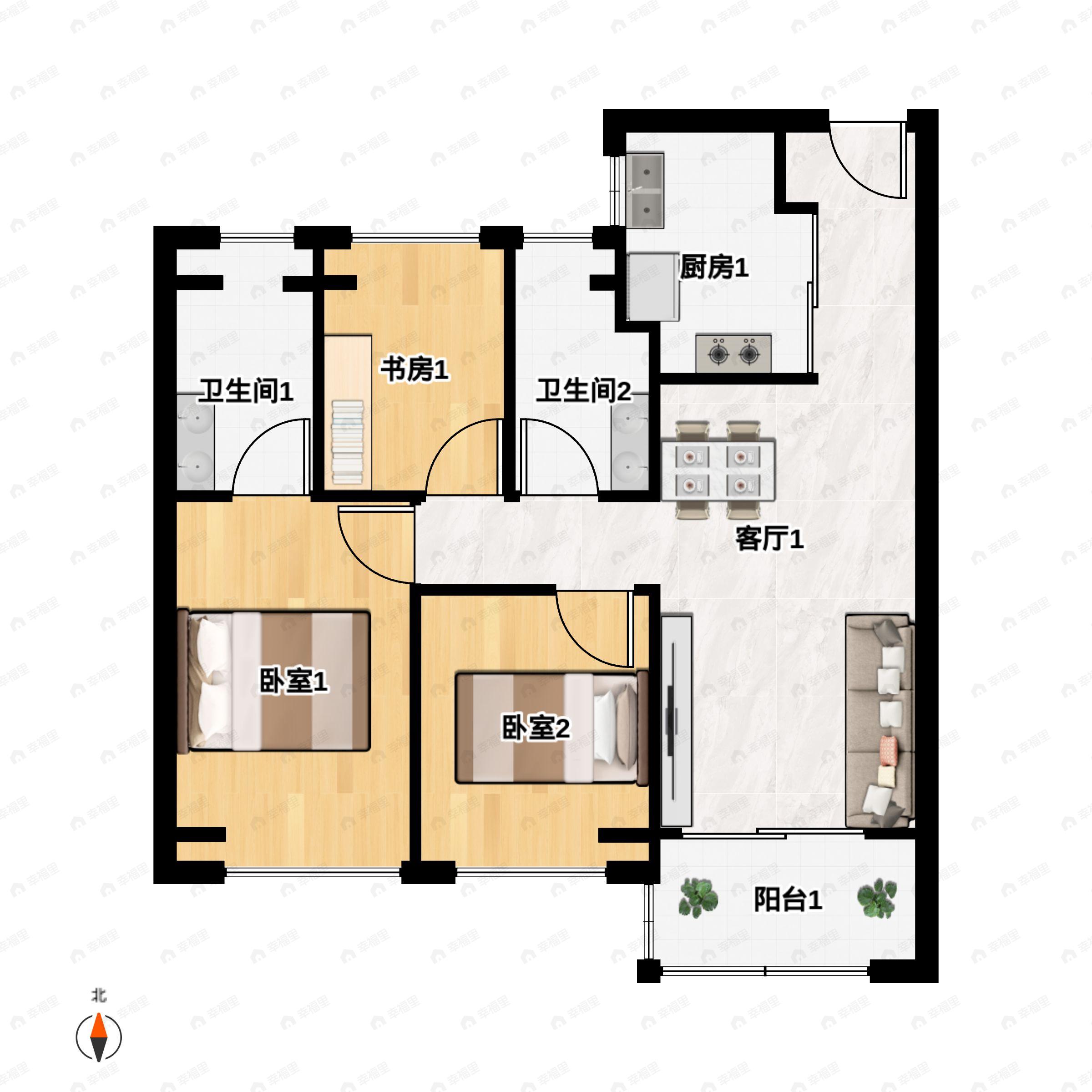 3室2厅2卫建面101平户型图