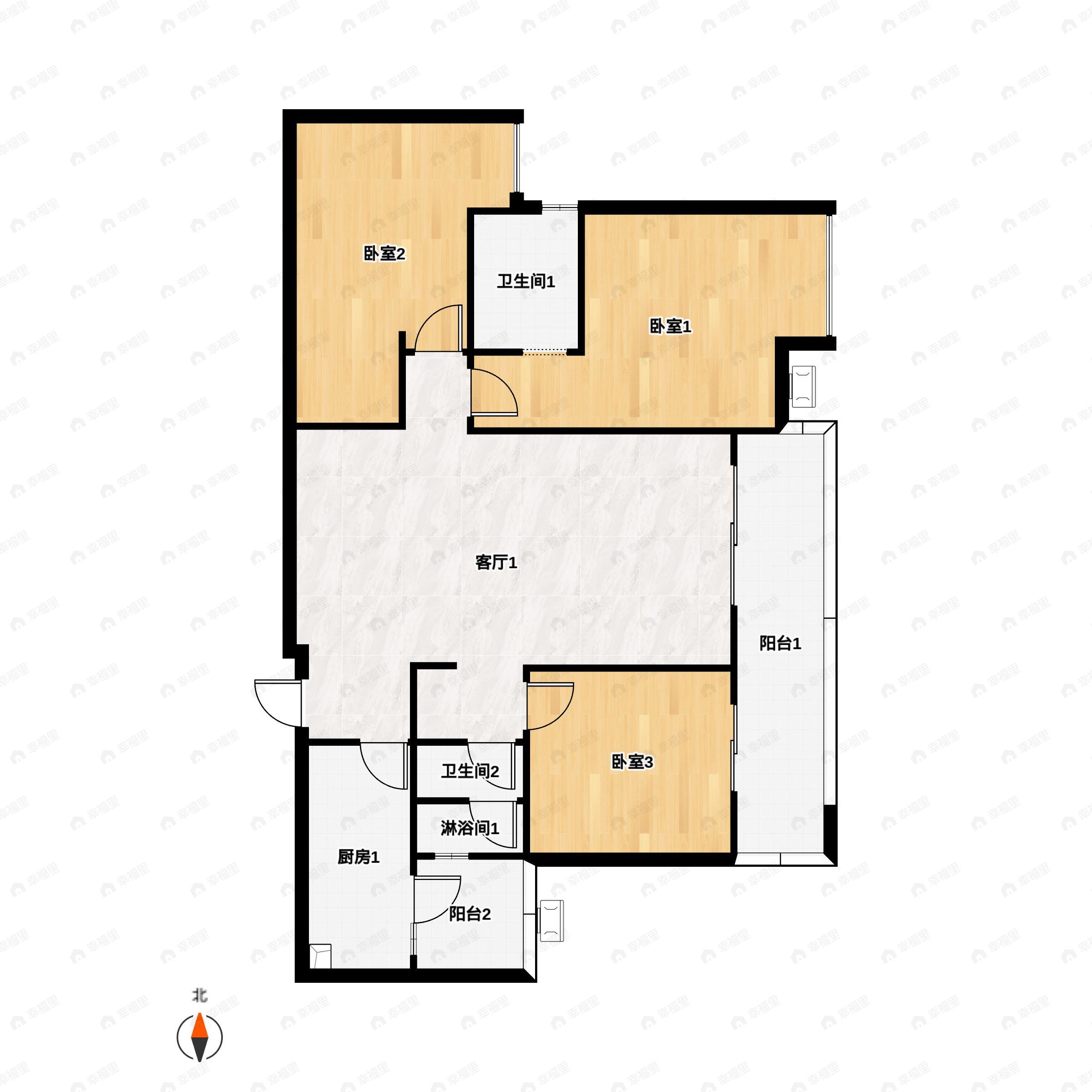 3室2厅2卫建面116m²北户型图