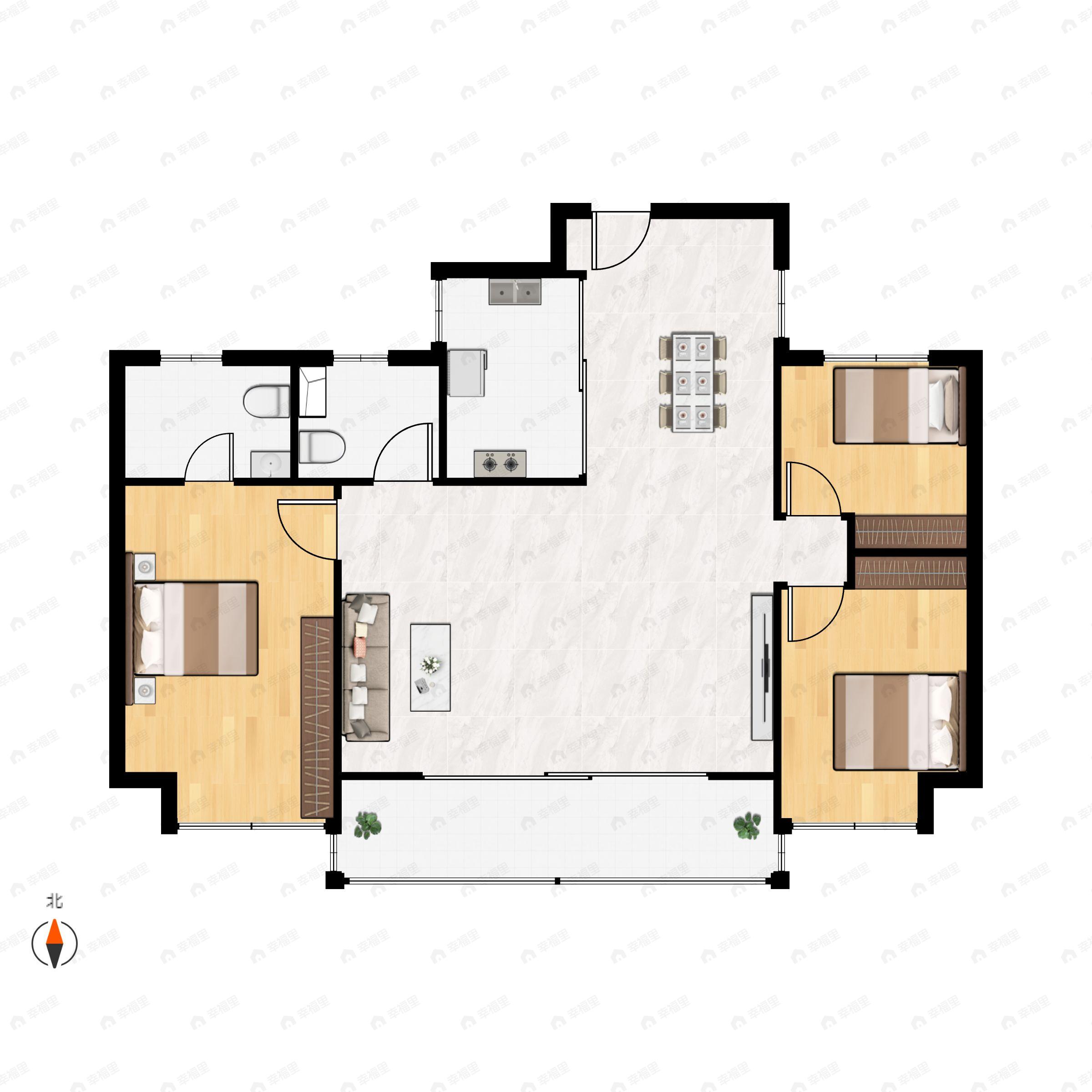 3室2厅2卫建面137m²南户型图
