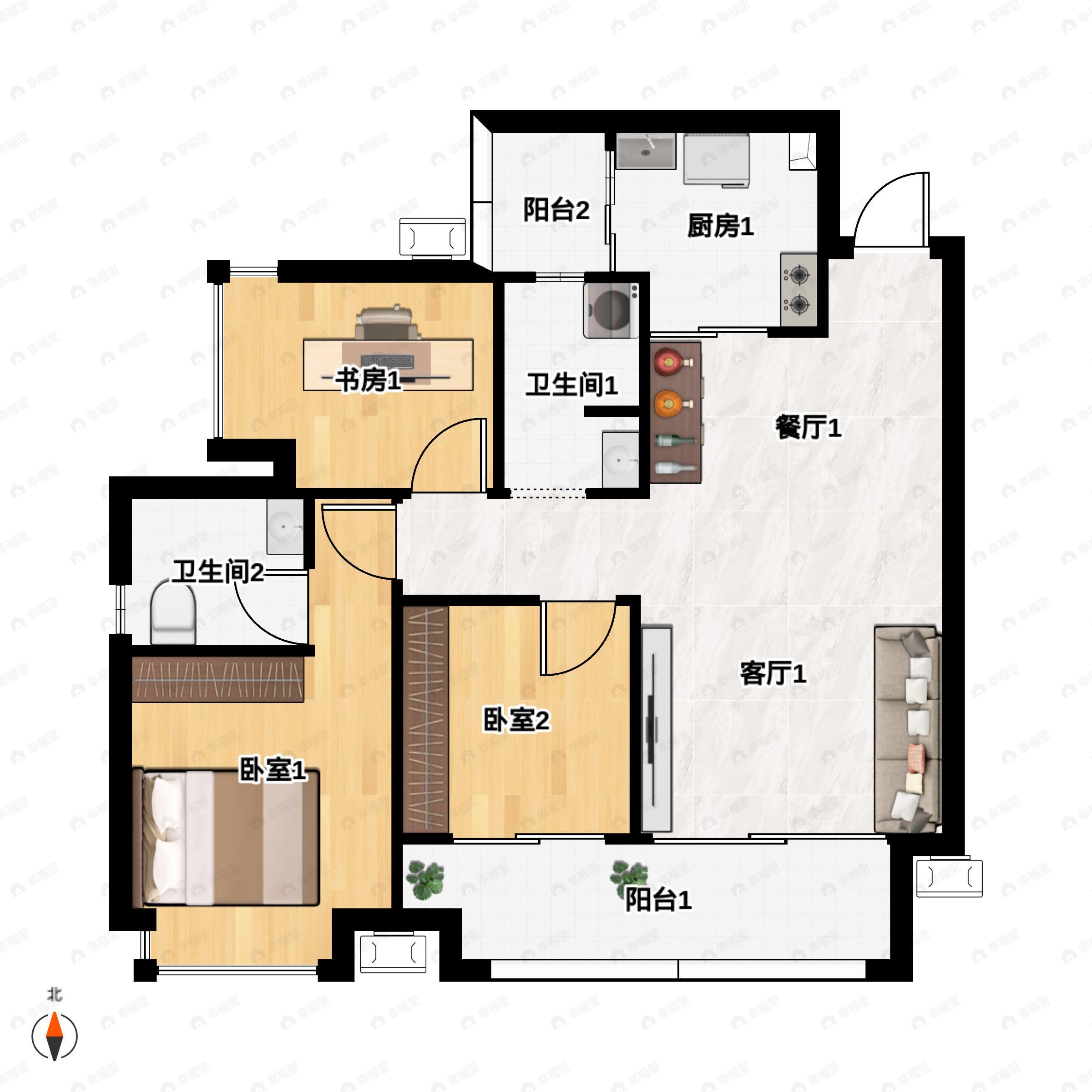 3室2厅2卫建面94平南户型图