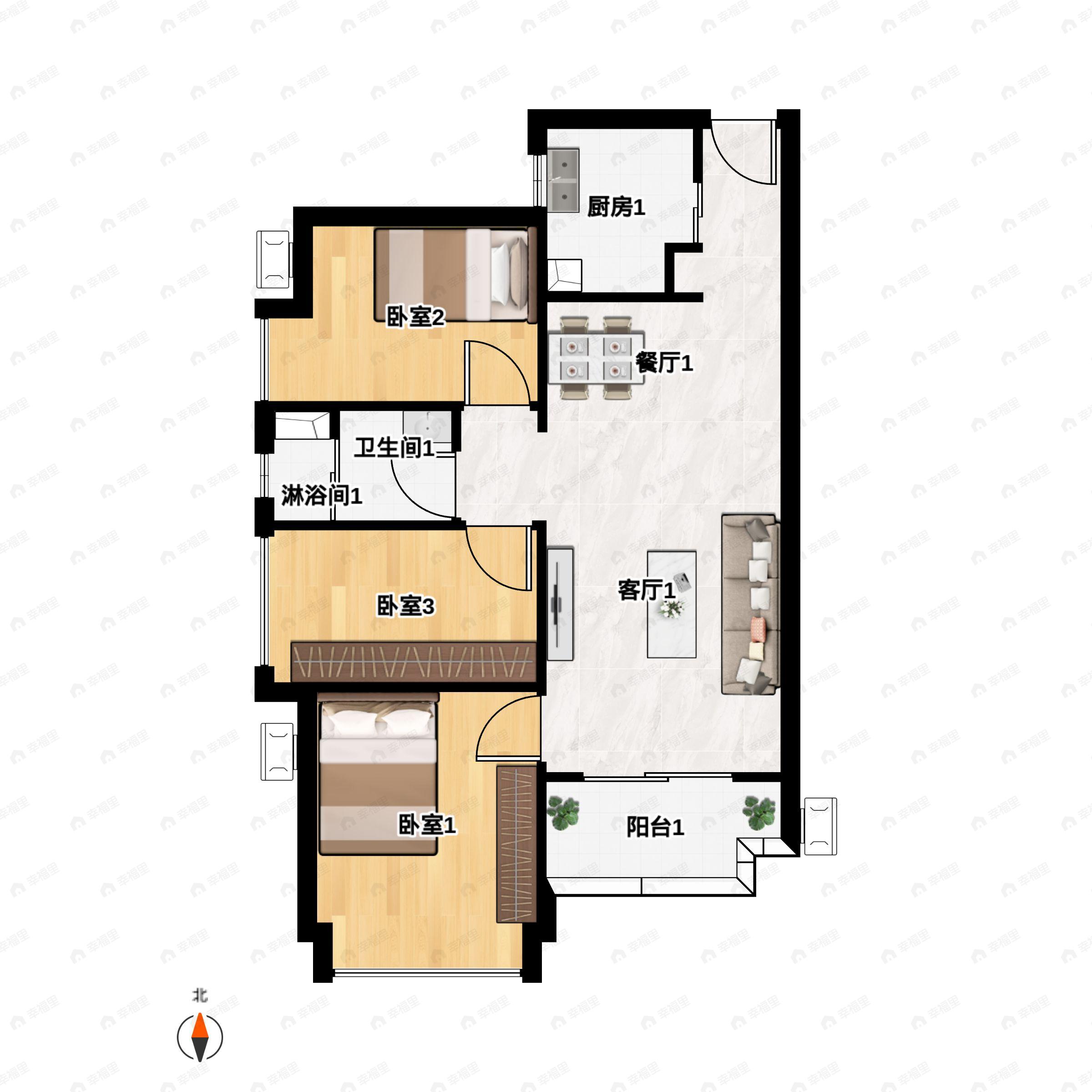 3室2厅1卫建面85m²南户型图
