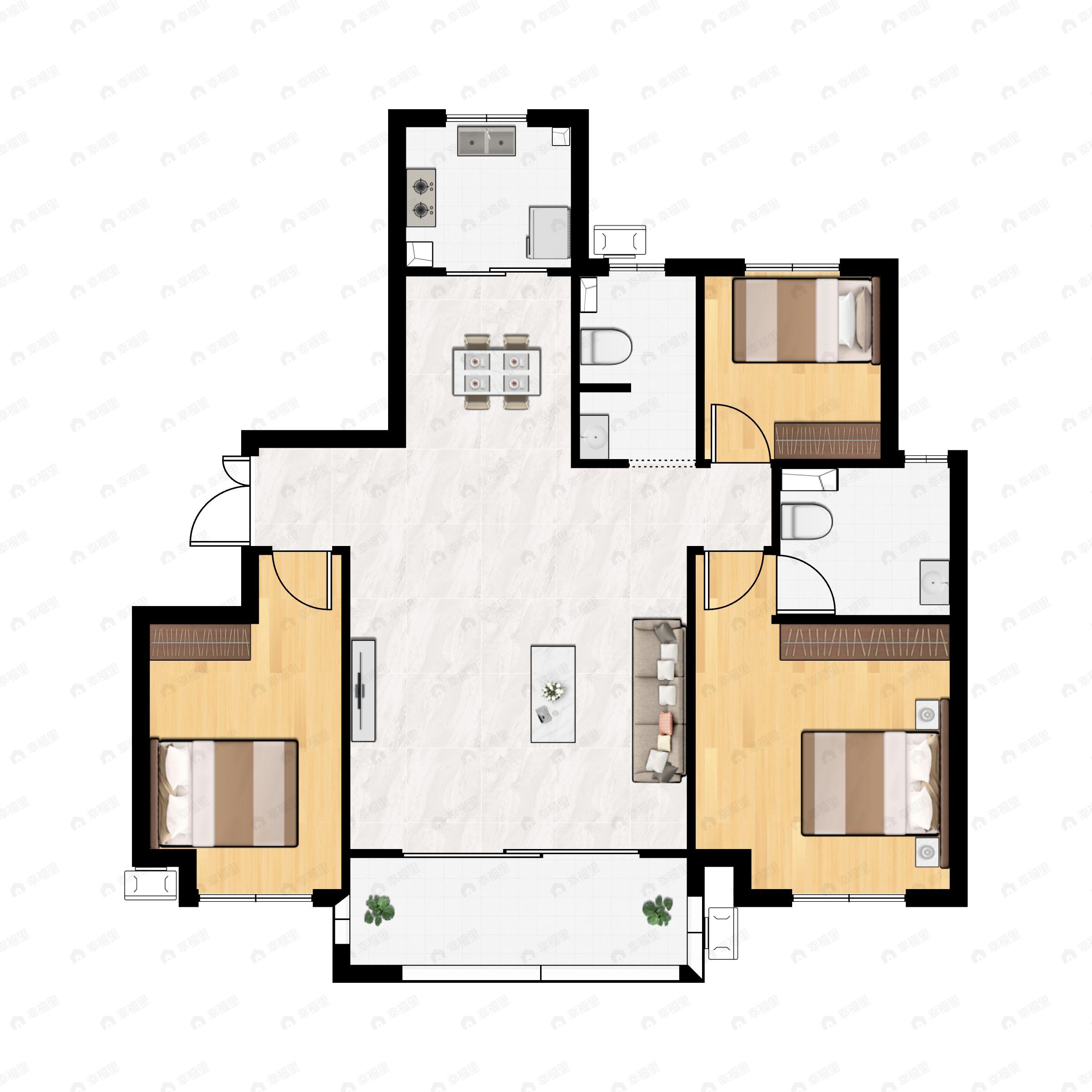 3室2厅2卫建面135m²南户型图