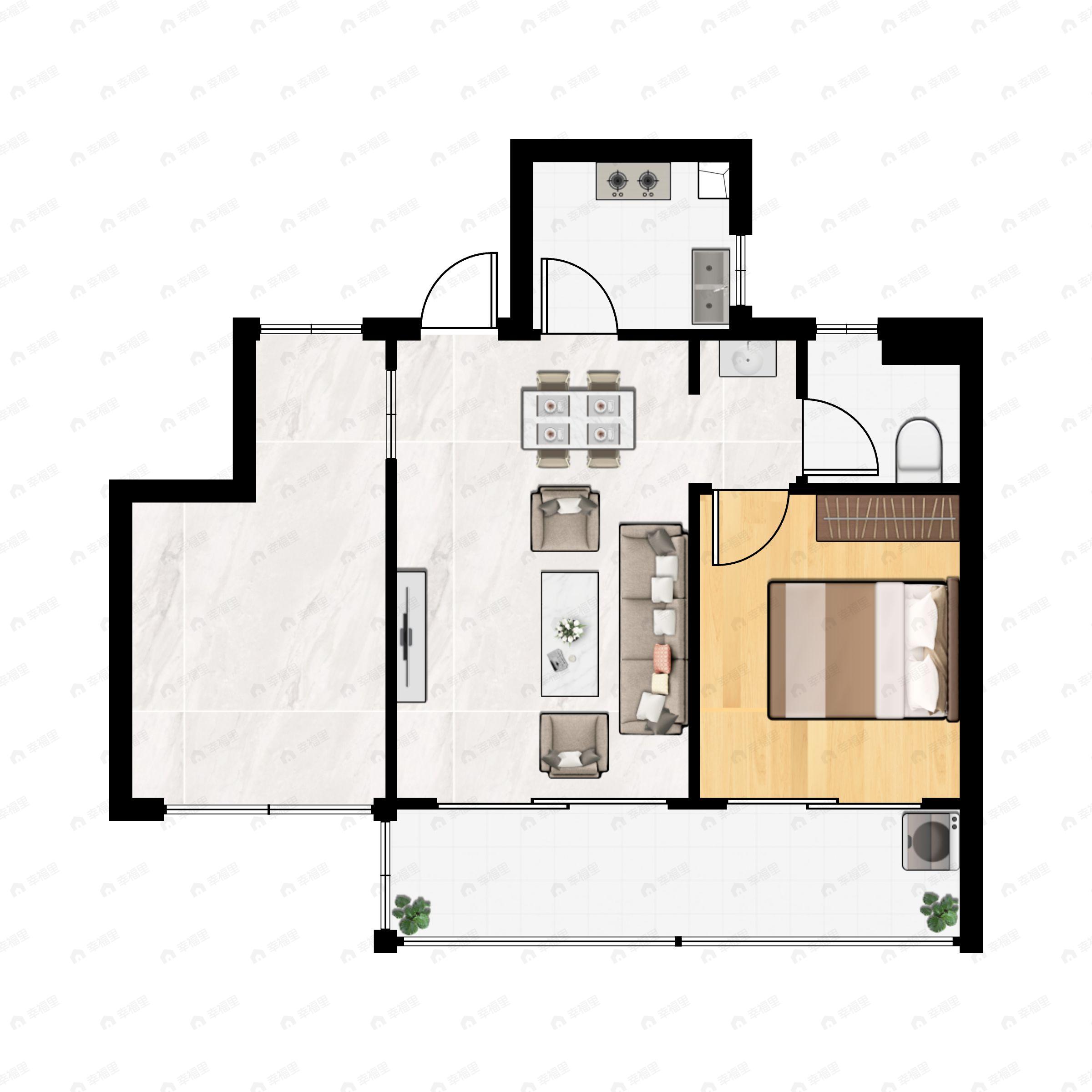 1室2厅1卫建面50m²南户型图